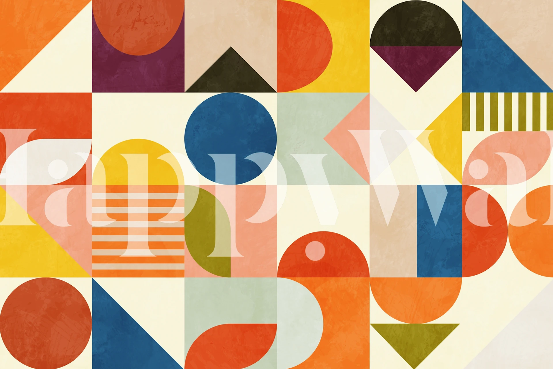 Colorful geometric shapes in orange, blue, yellow, and green wallpaper