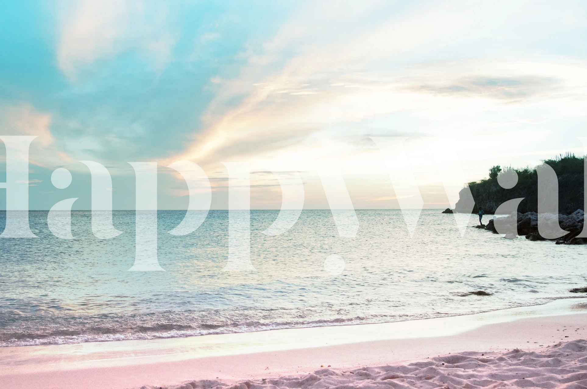 Sunset beach scene with soft pink and blue hues wallpaper