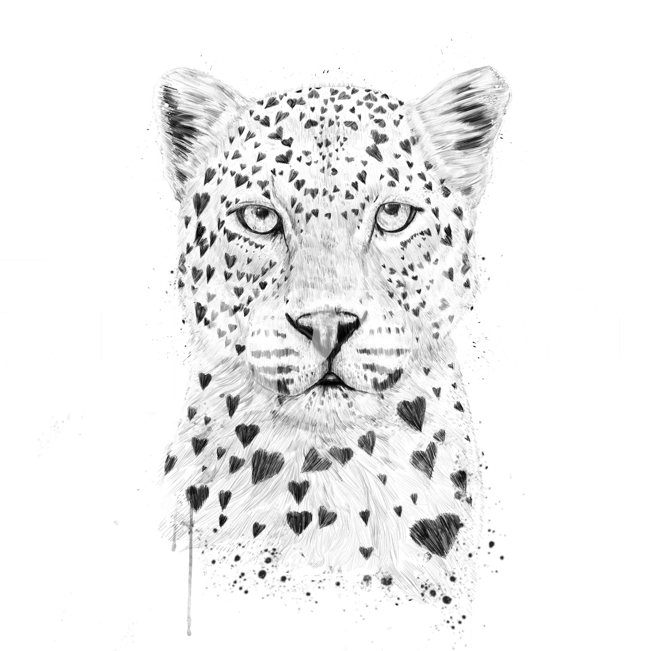 Leopard face with heart-shaped spots in black and white wallpaper