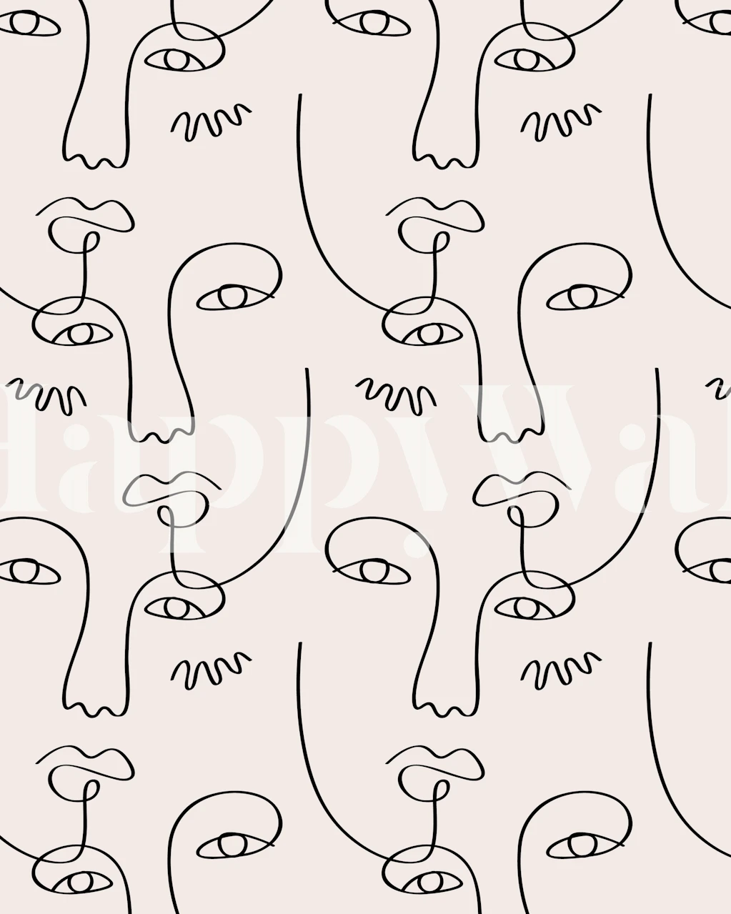 Minimalist face line art pattern in black on a beige background wallpaper