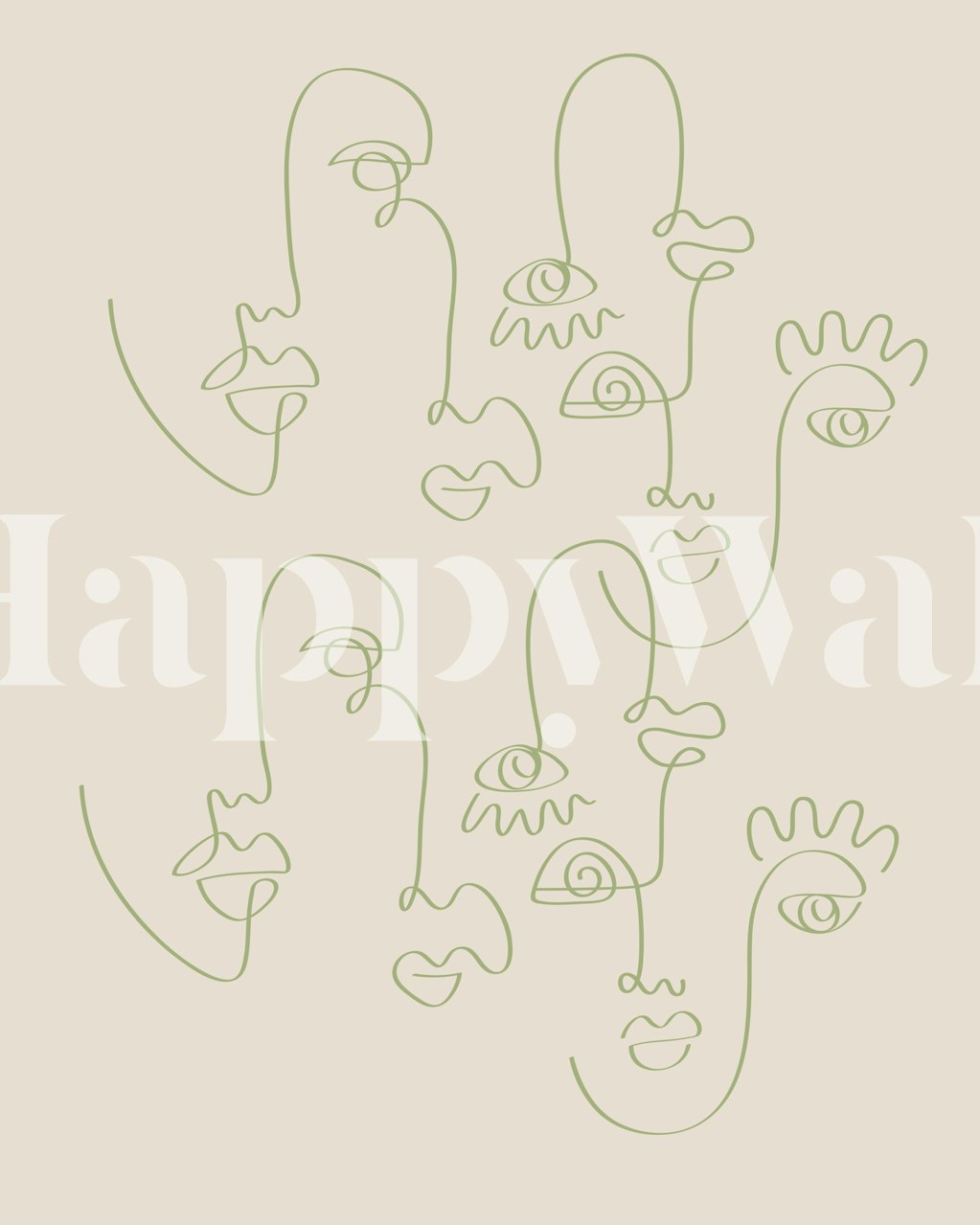Abstract face line art design in green on a beige background wallpaper