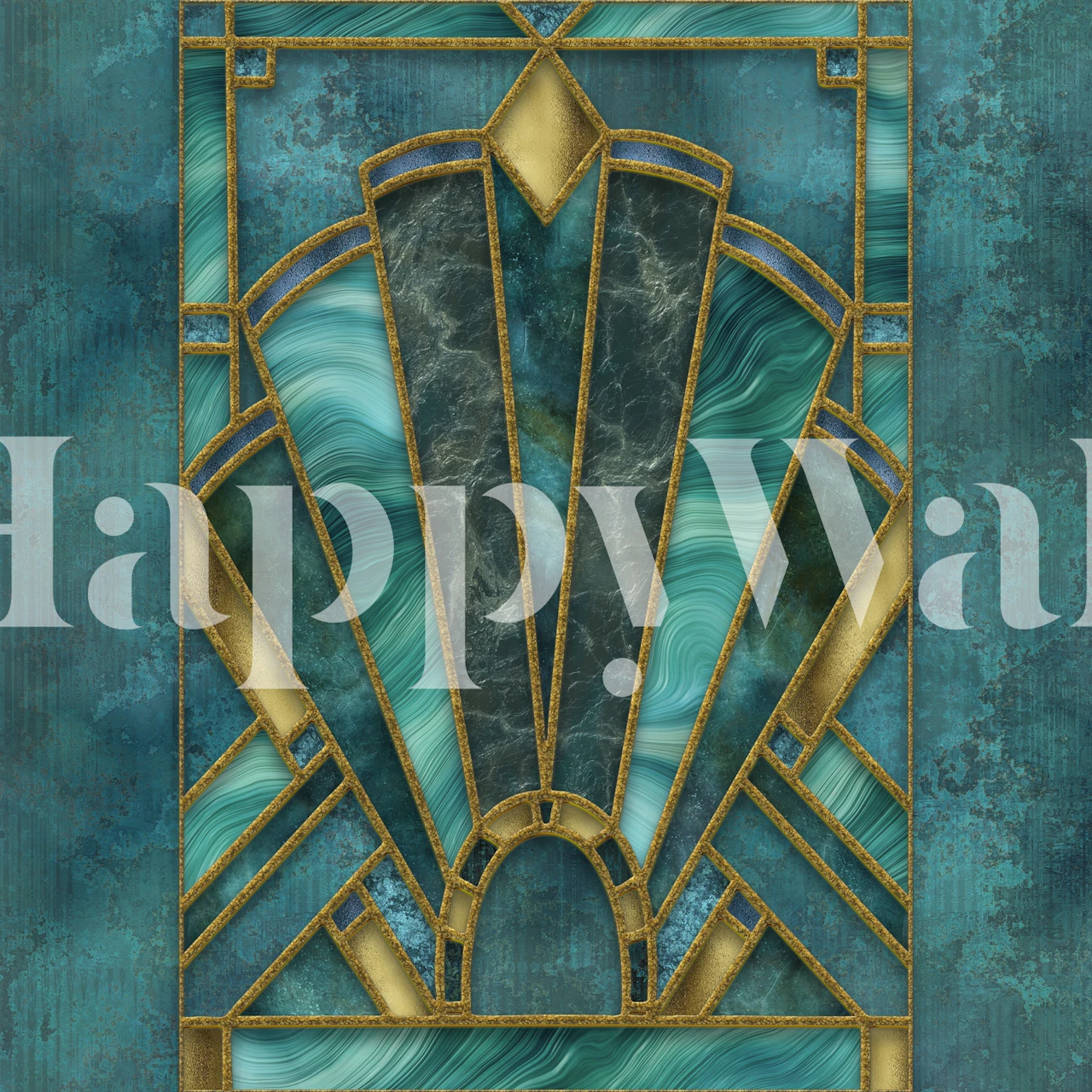 Art Deco style wallpaper featuring turquoise and gold geometric patterns