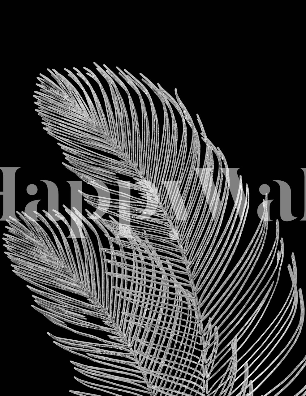 Palm leaf line art wall mural against black background