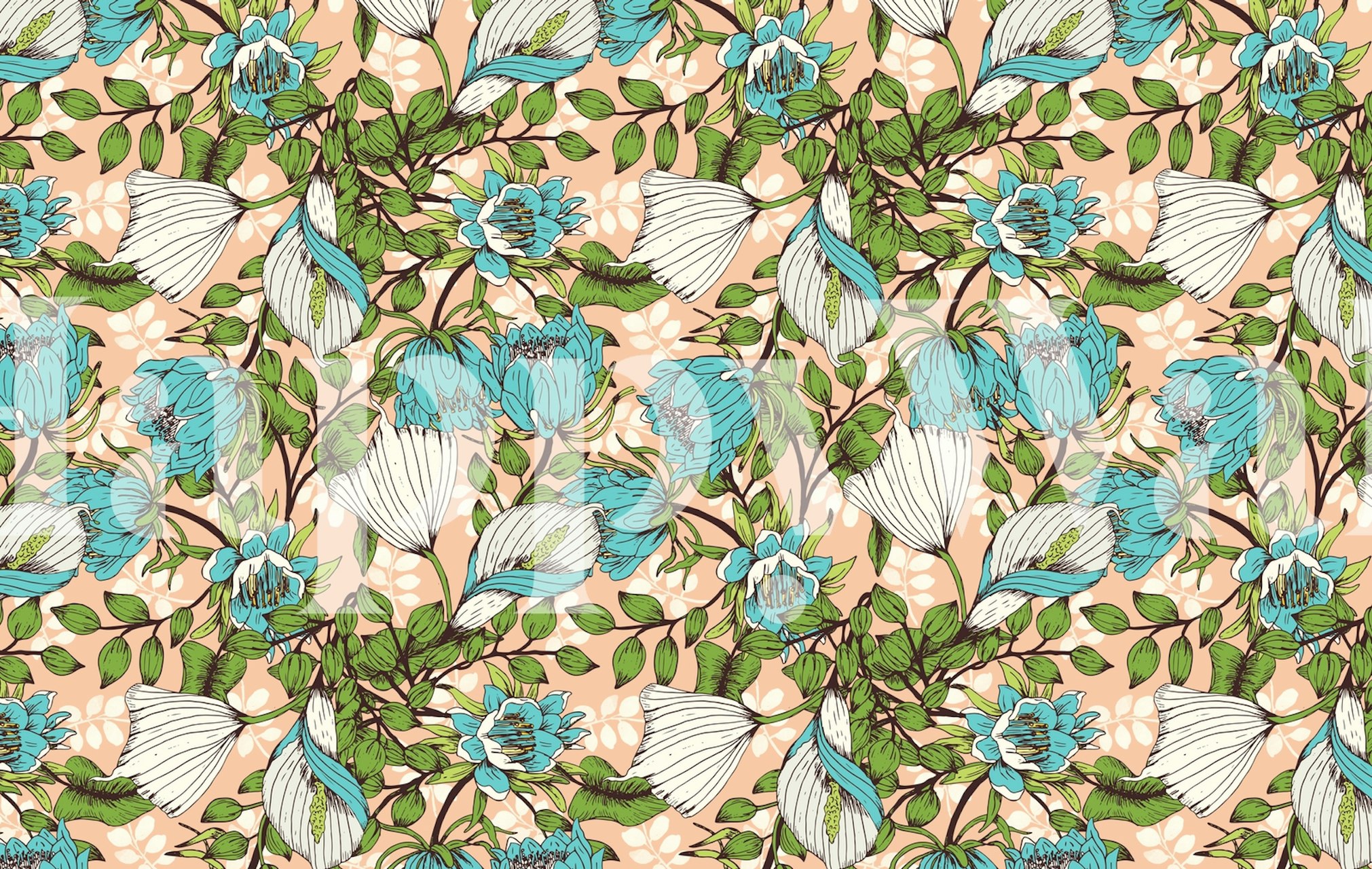 Floral pattern with blue and green flowers on a peach background wallpaper
