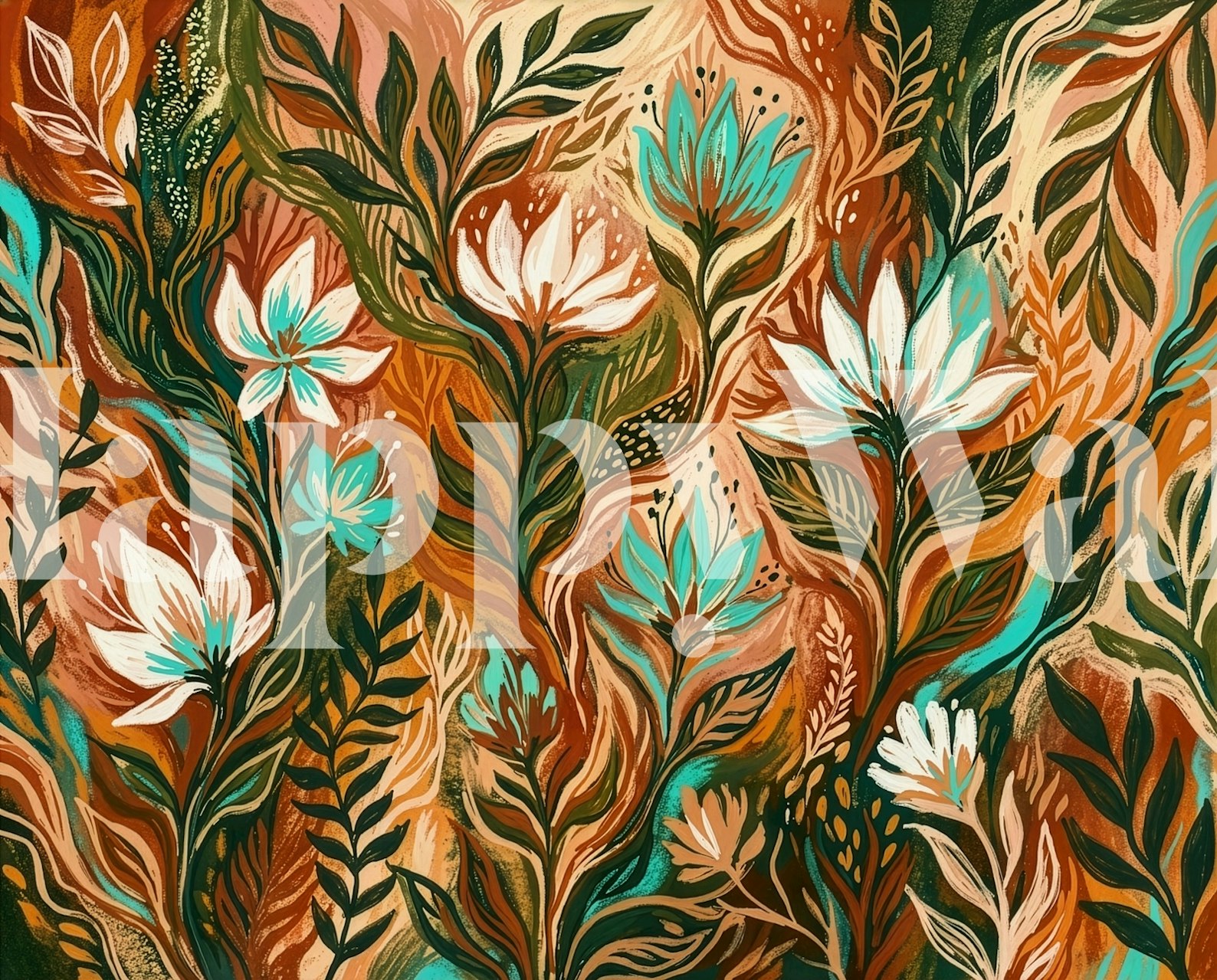 Floral pattern with blue and green flowers on a peach background wallpaper