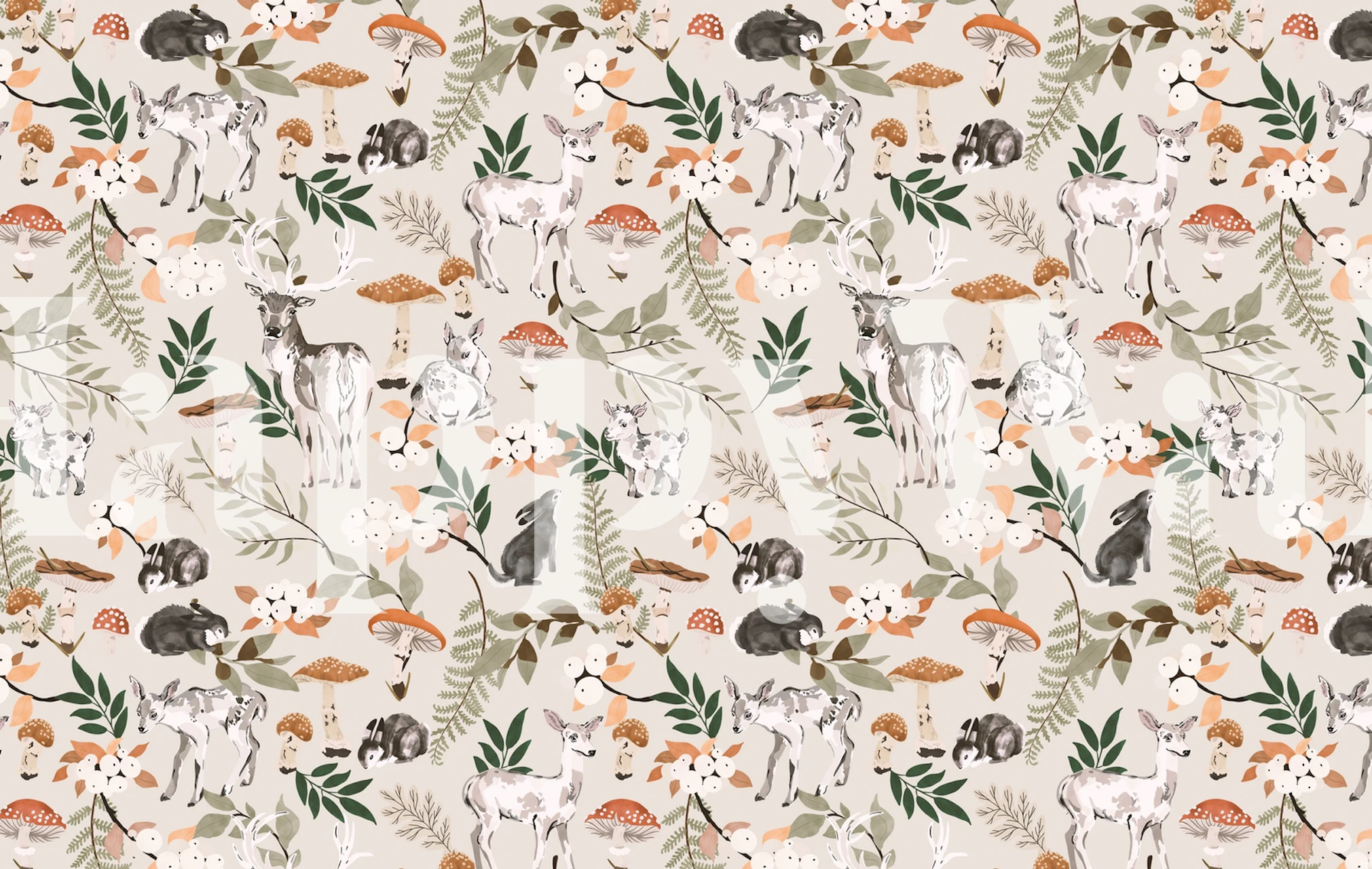 Illustrasjon av skogsdyr og høstflora på et veggmaleri