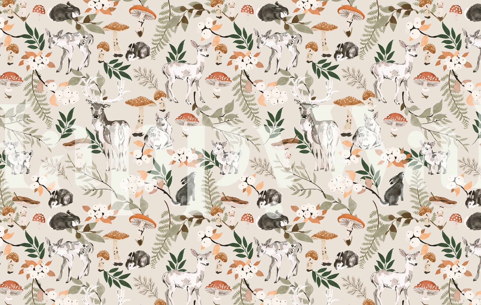 Animals in autumn nature scene with deer, rabbits, and mushrooms wallpaper