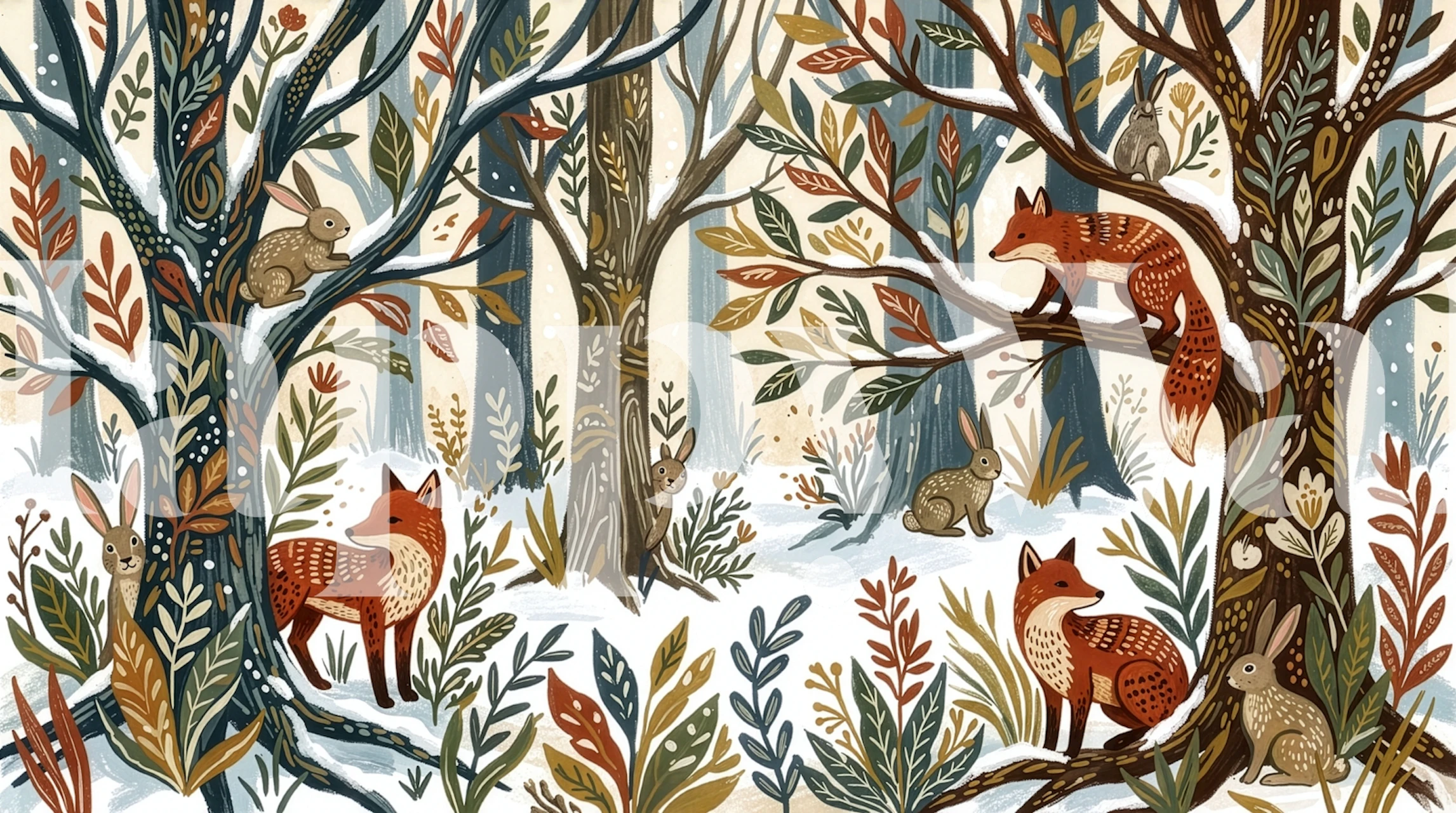 Deer and animal patterns on a soft pastel backdrop wallpaper