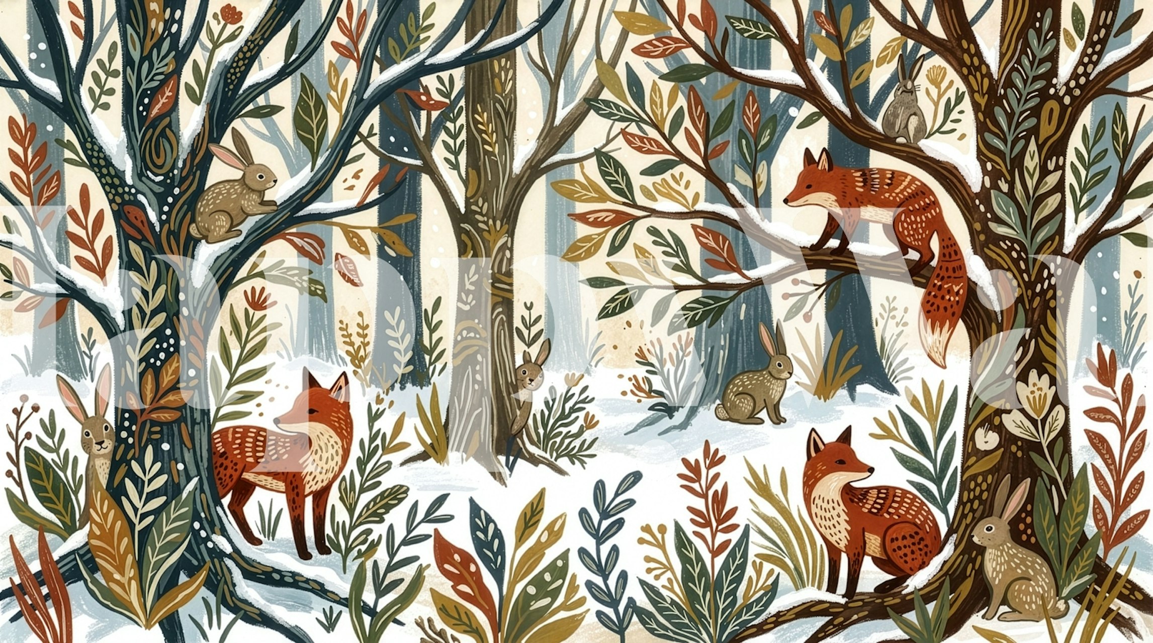 Deer and animal patterns on a soft pastel backdrop wallpaper