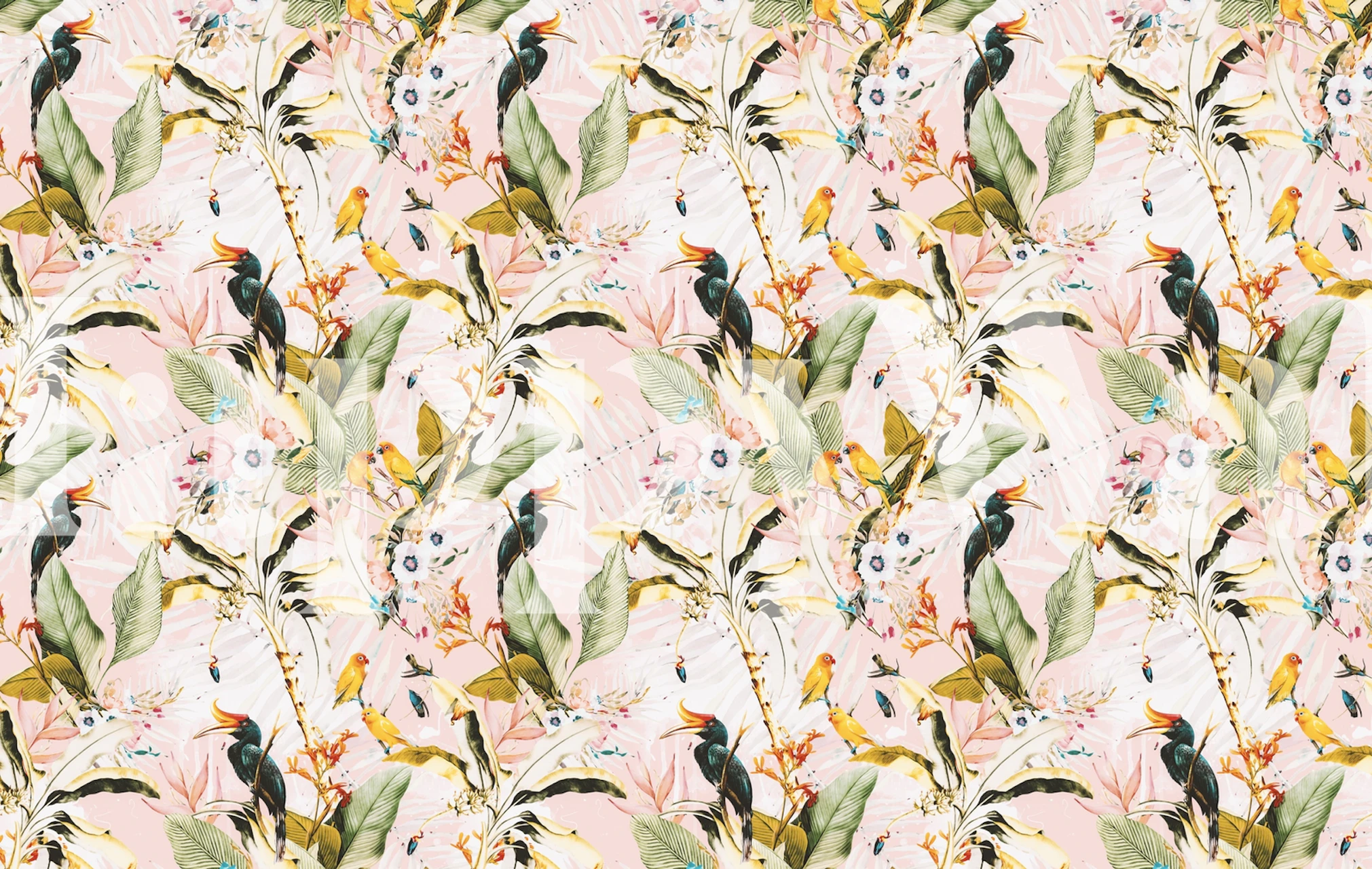 Vægmaleri med eksotiske fugle og tropisk jungle løv