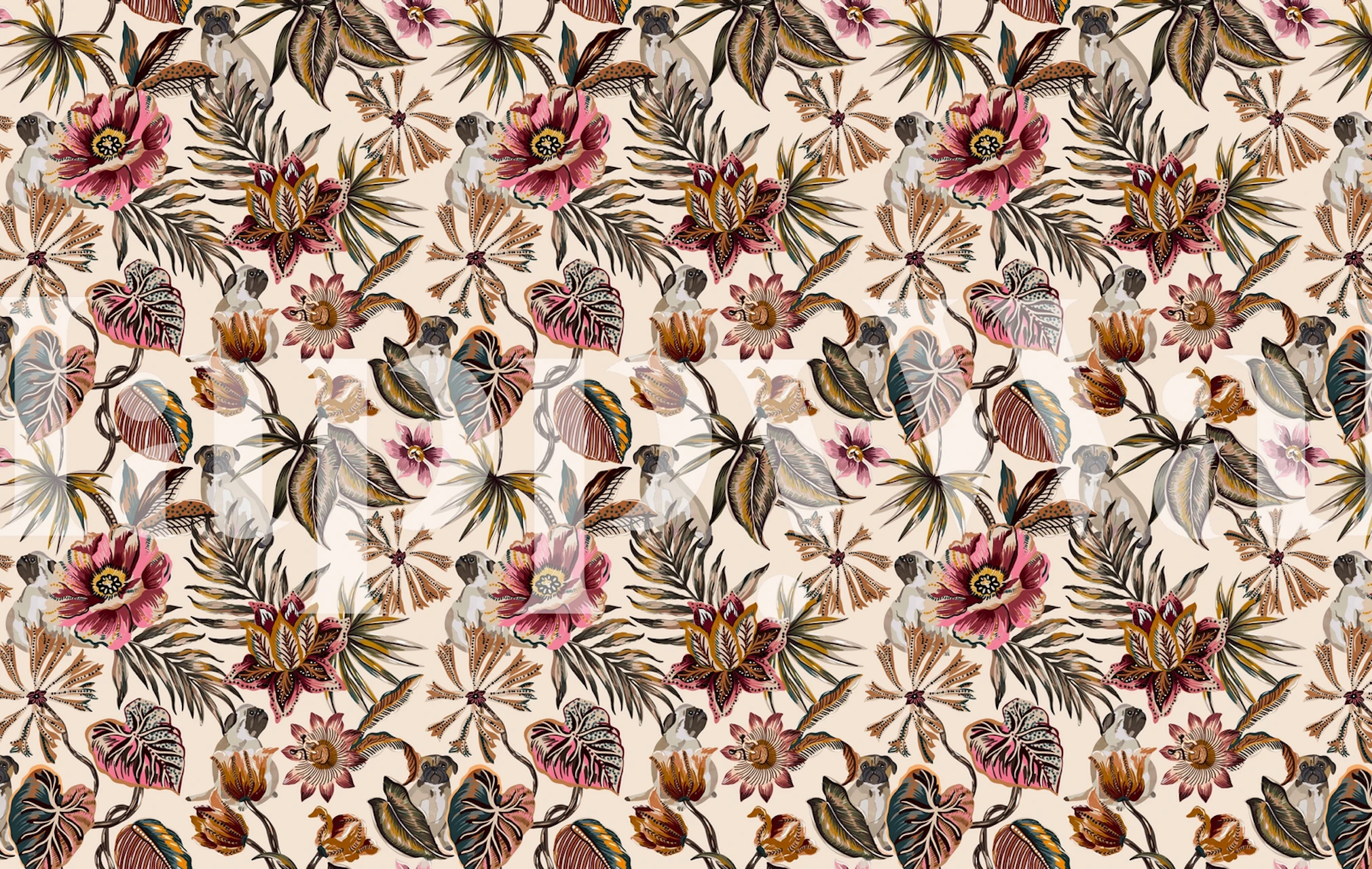 Pugs and flowers in warm colors on a cream background wallpaper