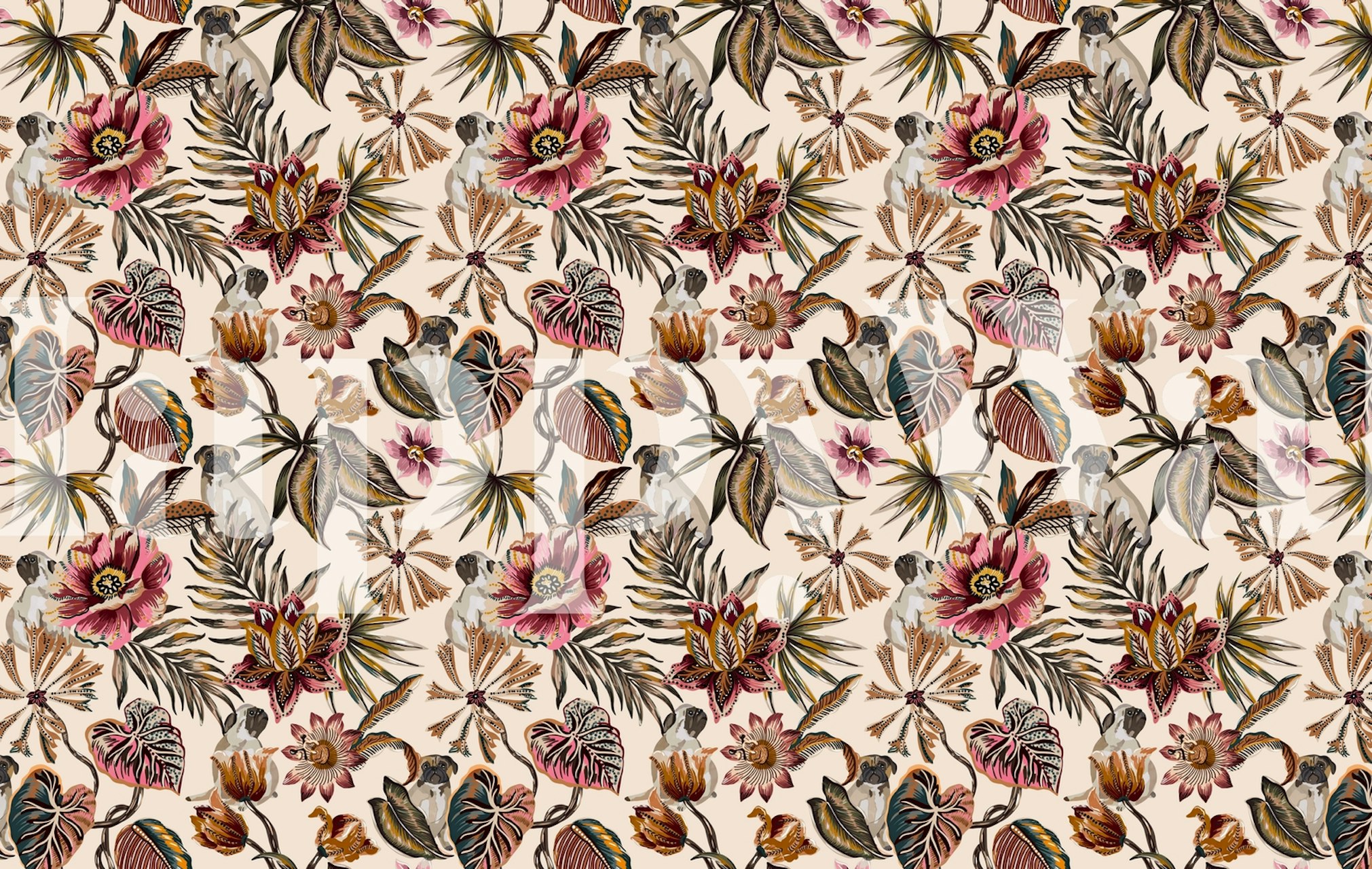 Fotomural de estilo bohemio con pugs y motivos florales