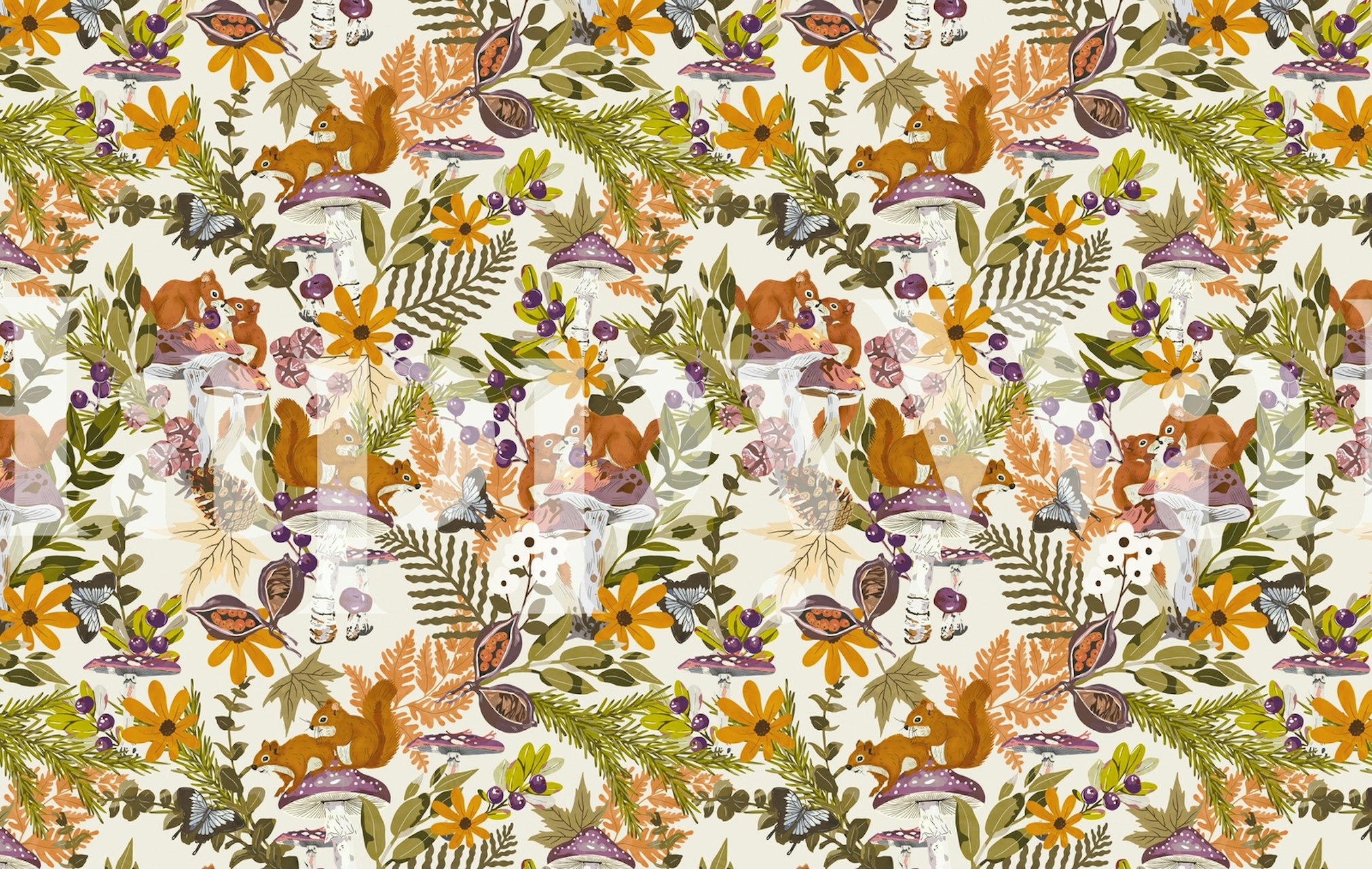 Squirrels amongst colorful flowers and foliage wallpaper