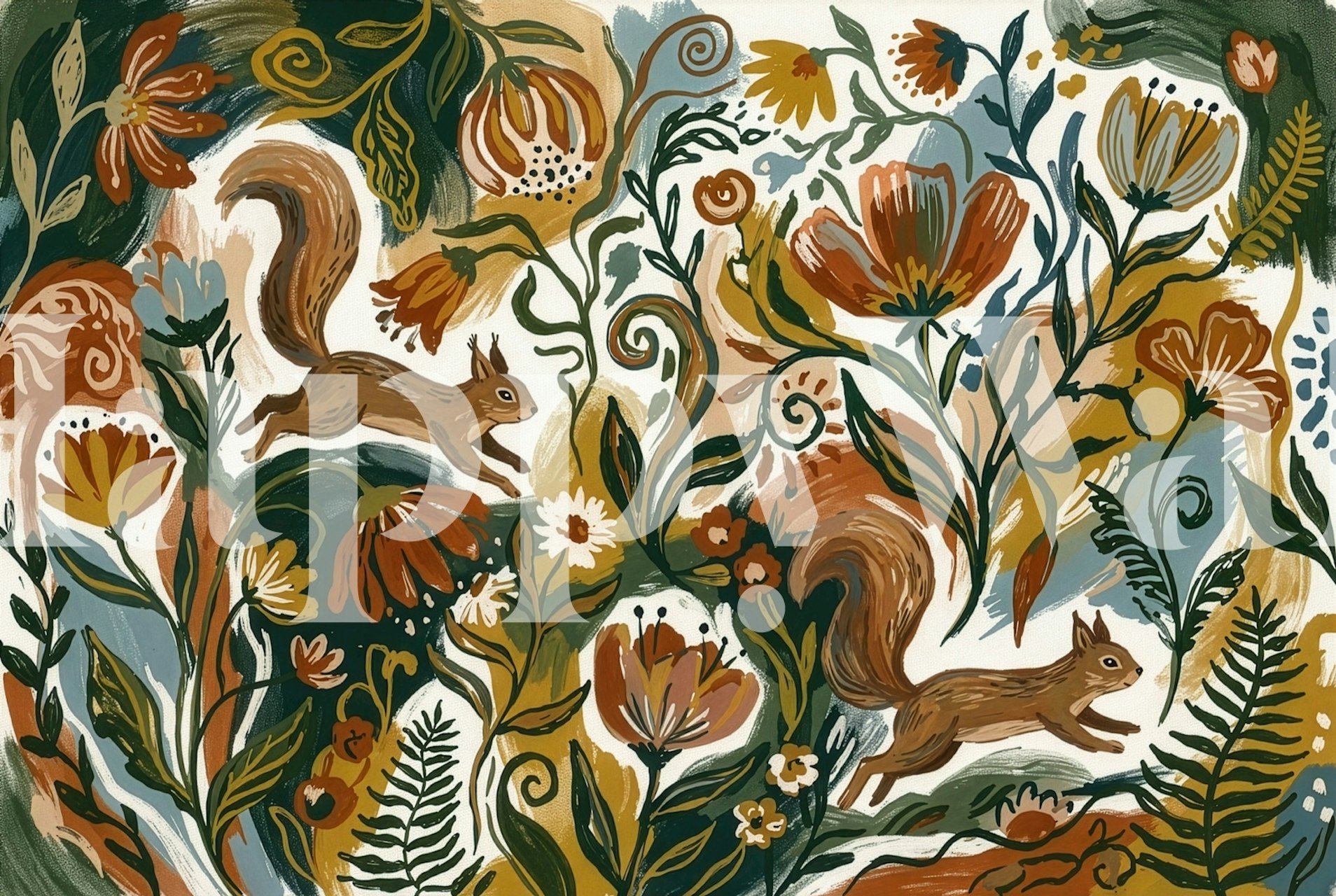 Squirrels amongst colorful flowers and foliage wallpaper