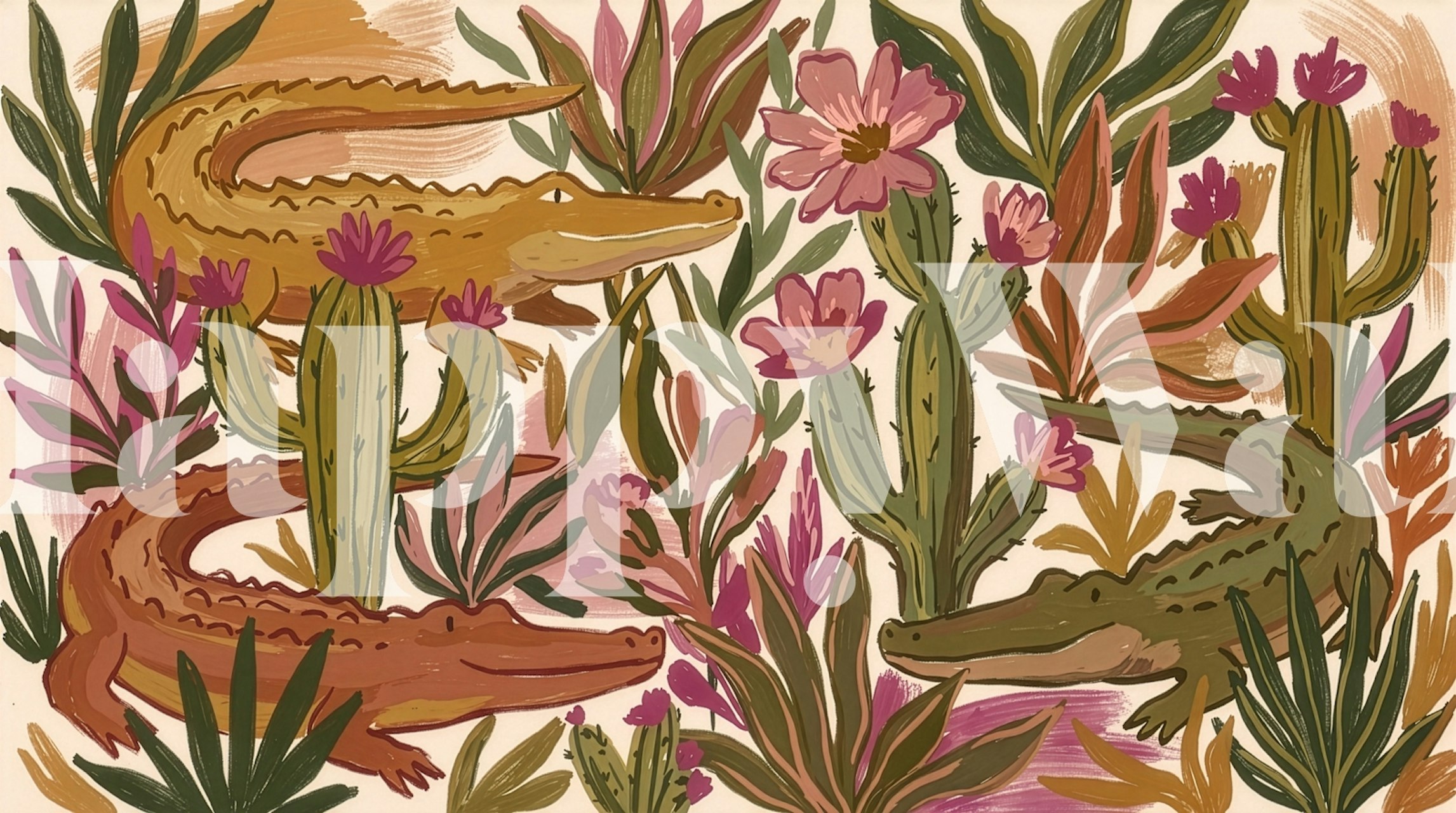 Crocodiles and blooming cacti wallpaper