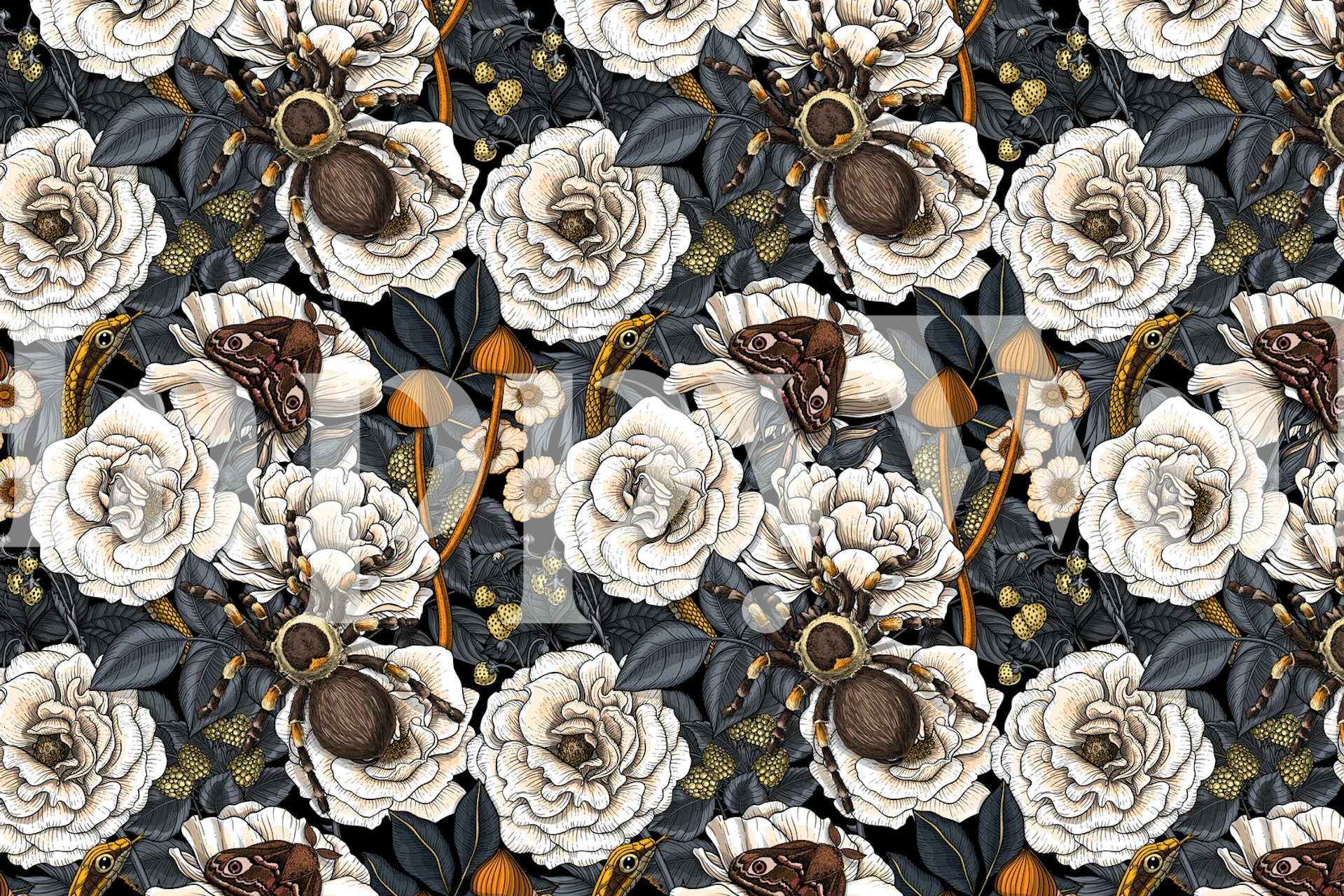 Dark floral wallpaper with white roses, butterflies, and mushrooms
