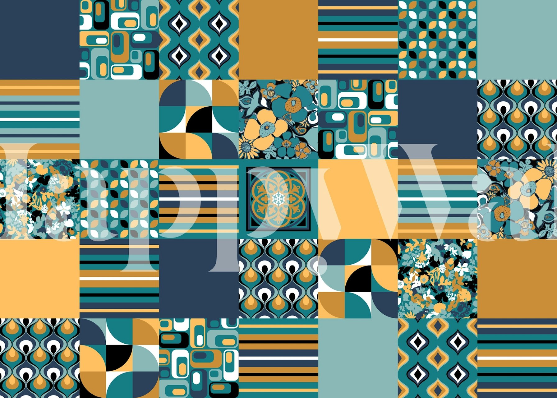 Colorful retro patchwork wallpaper in blue, teal, yellow, and floral designs