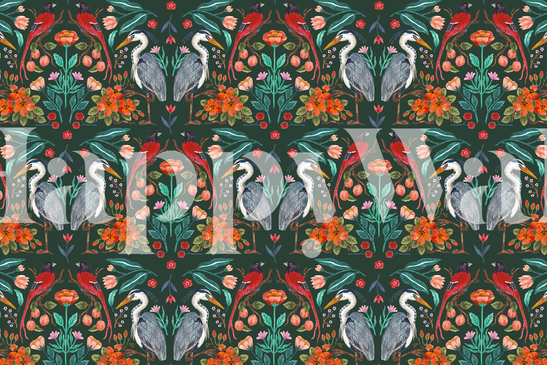 Colorful floral patterns with herons on deep green wallpaper