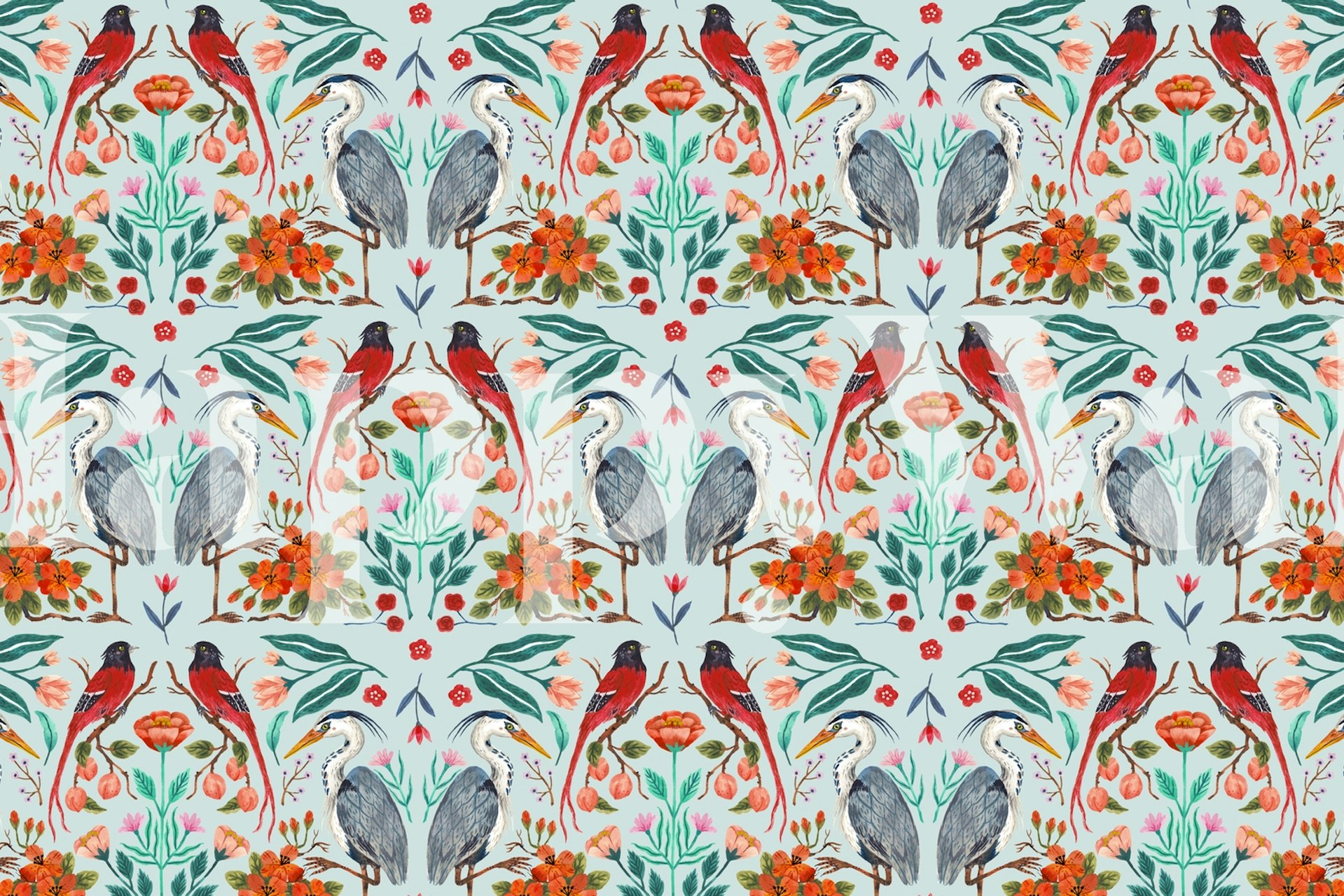 Colorful birds and floral patterns on soft background wallpaper