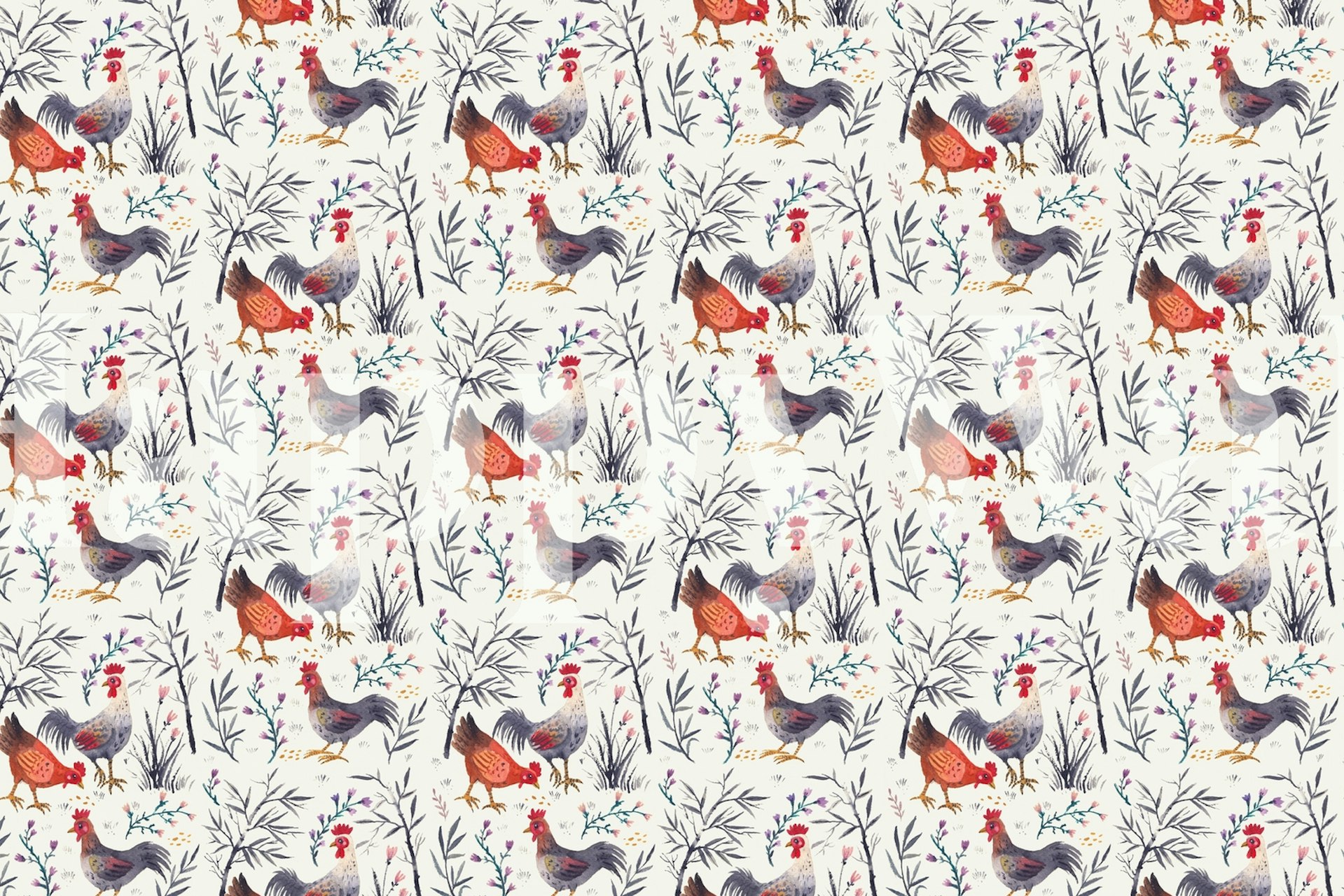 Chickens among bamboo plants in warm colors wallpaper