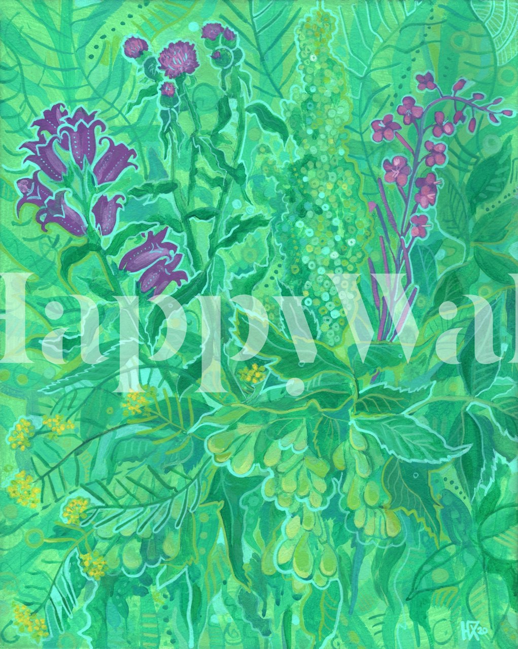 Green floral wallpaper featuring wildflowers and leaves in vibrant colors.