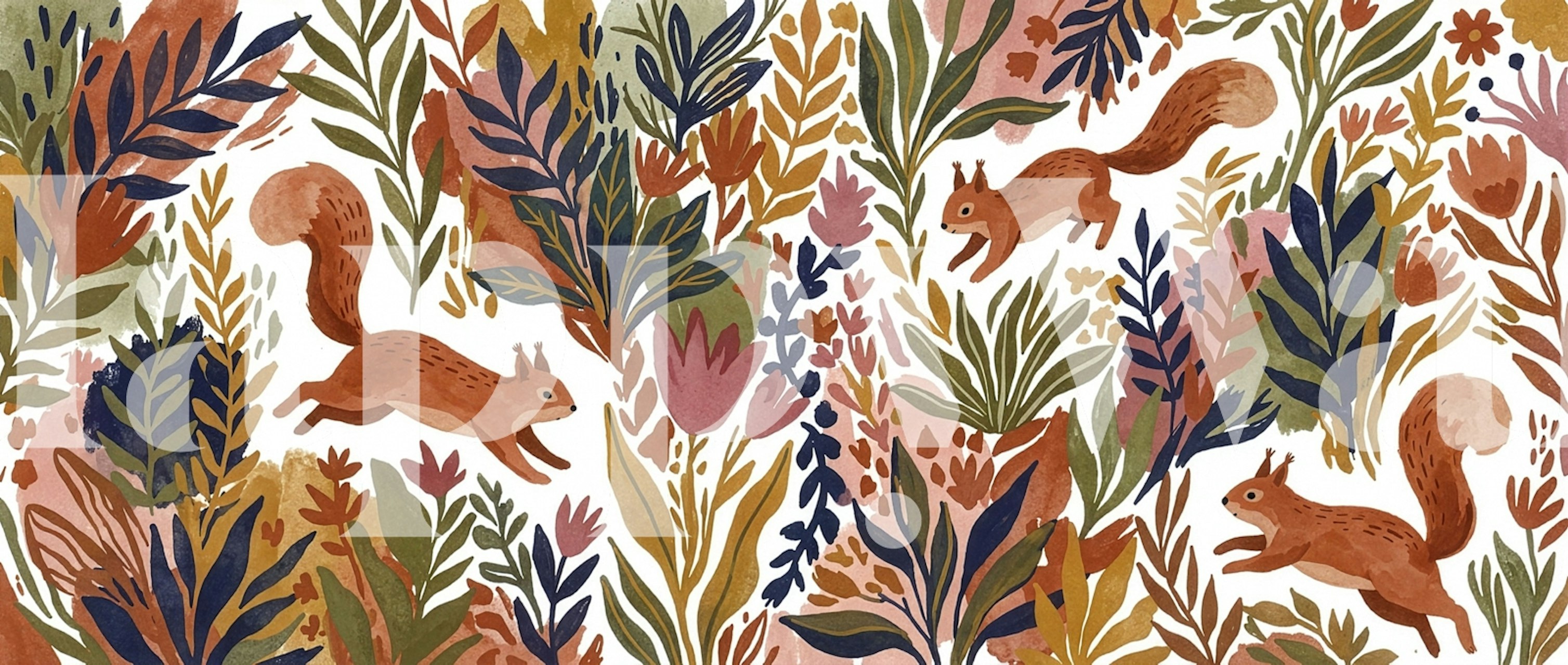 Flowering squirrel meadow wallpaper in a room