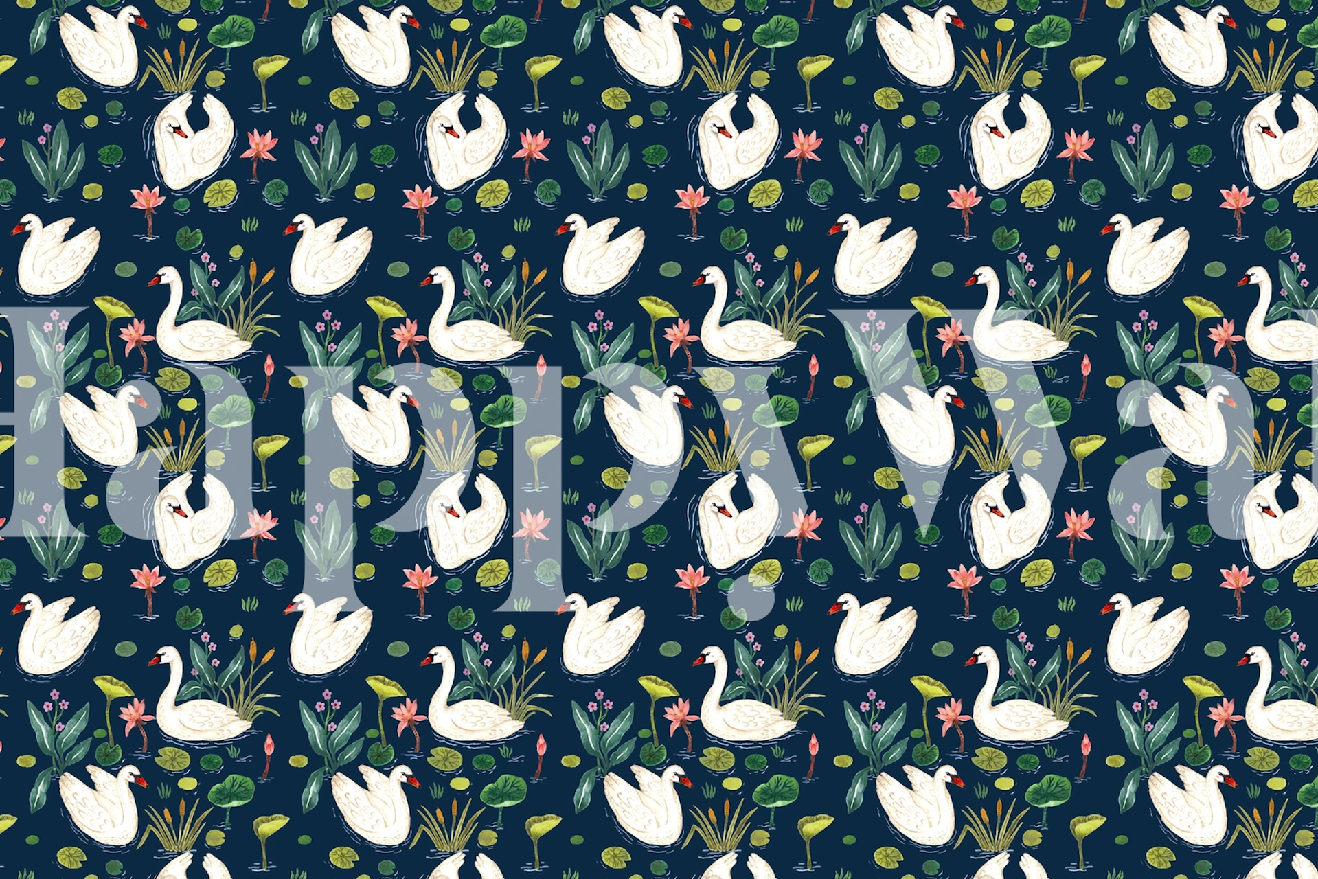 White swans surrounded by green leaves and pink flowers on navy background wallpaper