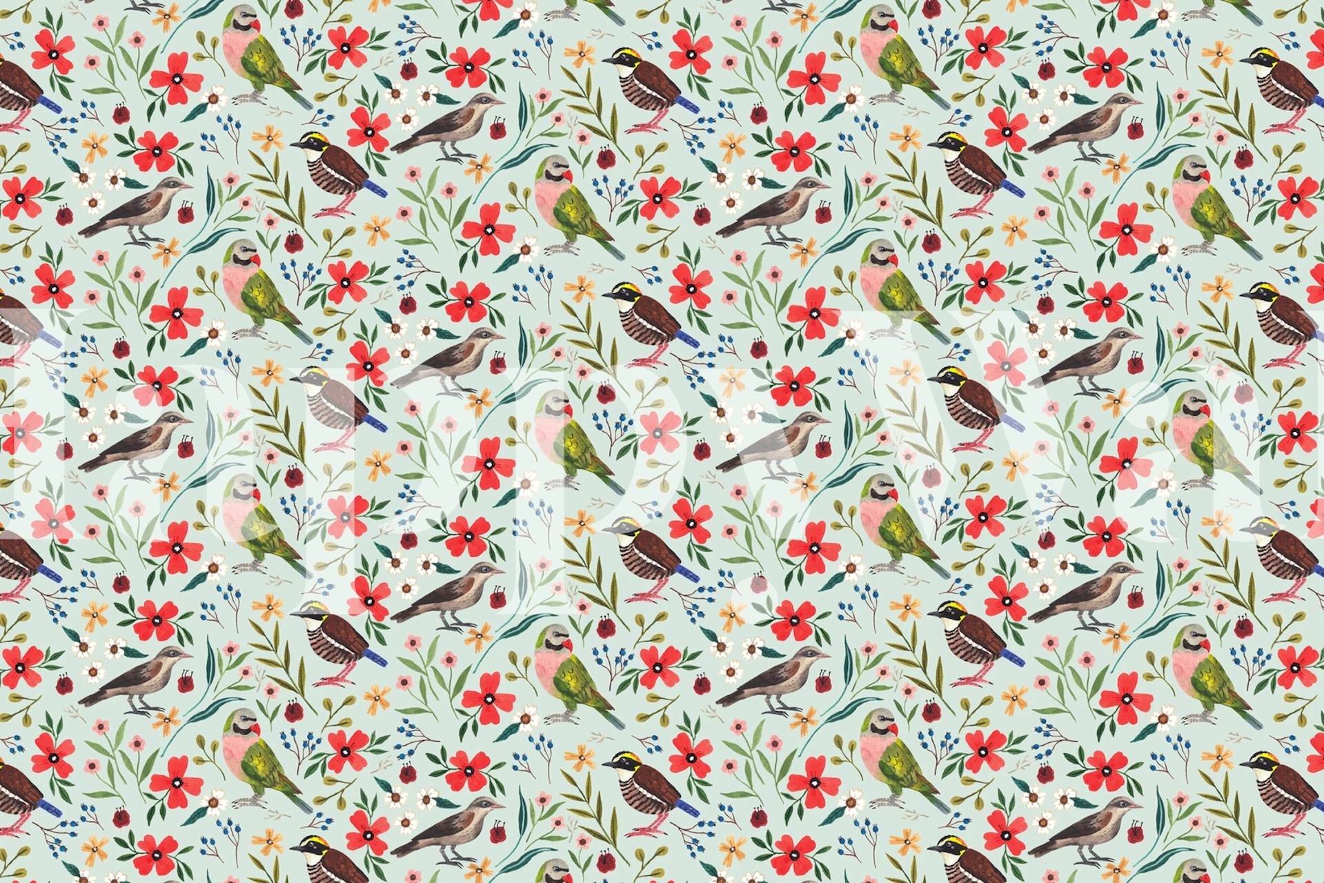 Colorful birds and floral pattern wall mural