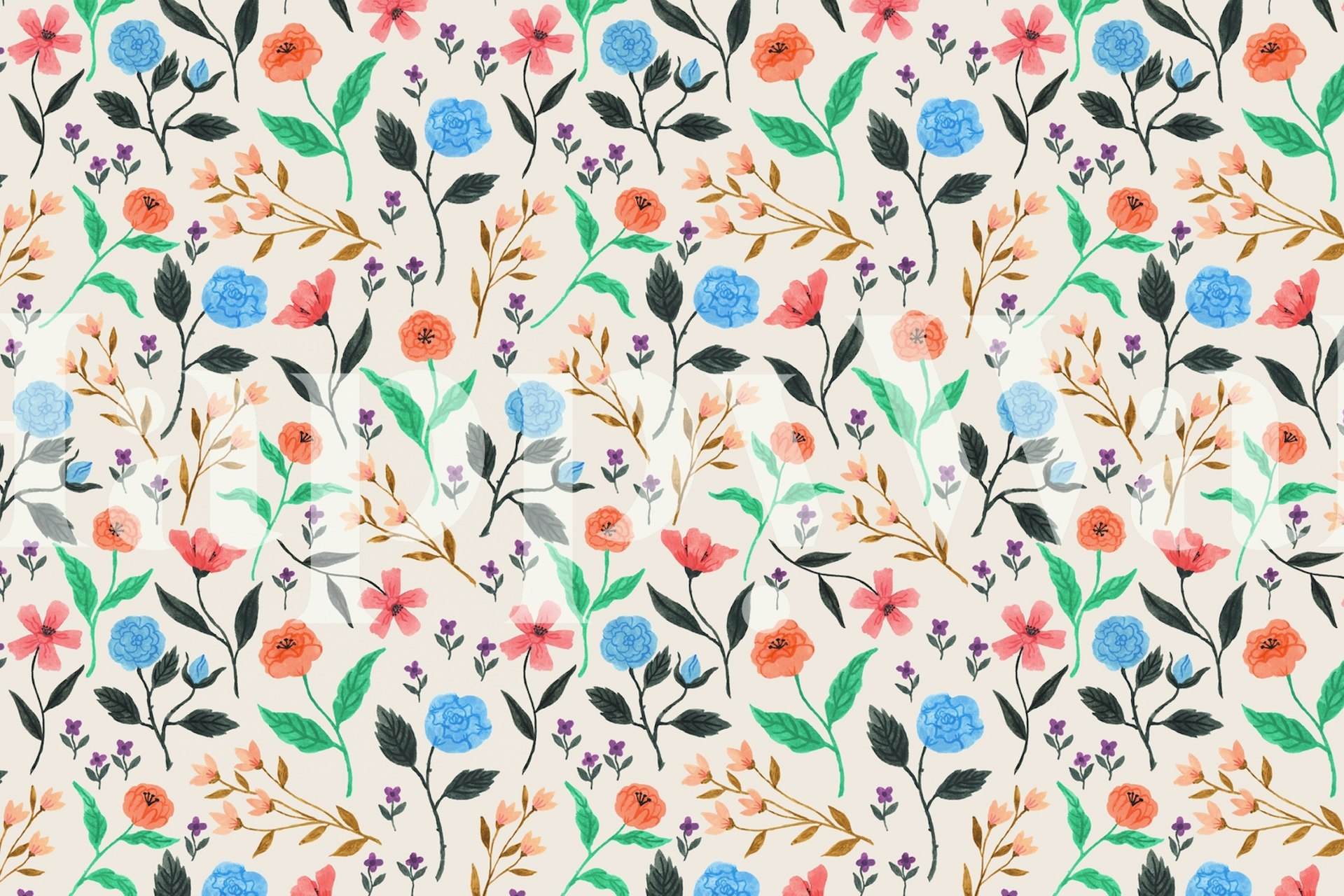 Pastel floral wallpaper with blue, pink, and green flowers on a cream background