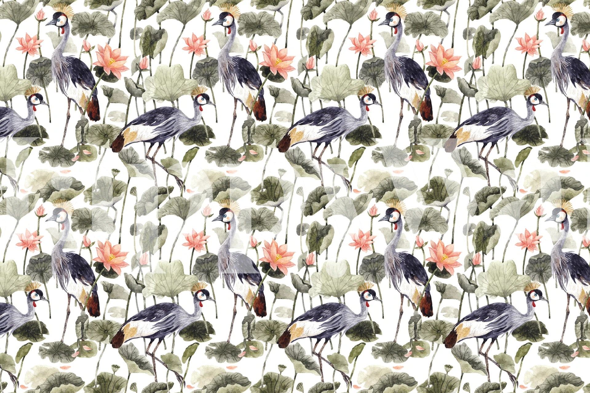 Crane and Lotus wallpaper in a room