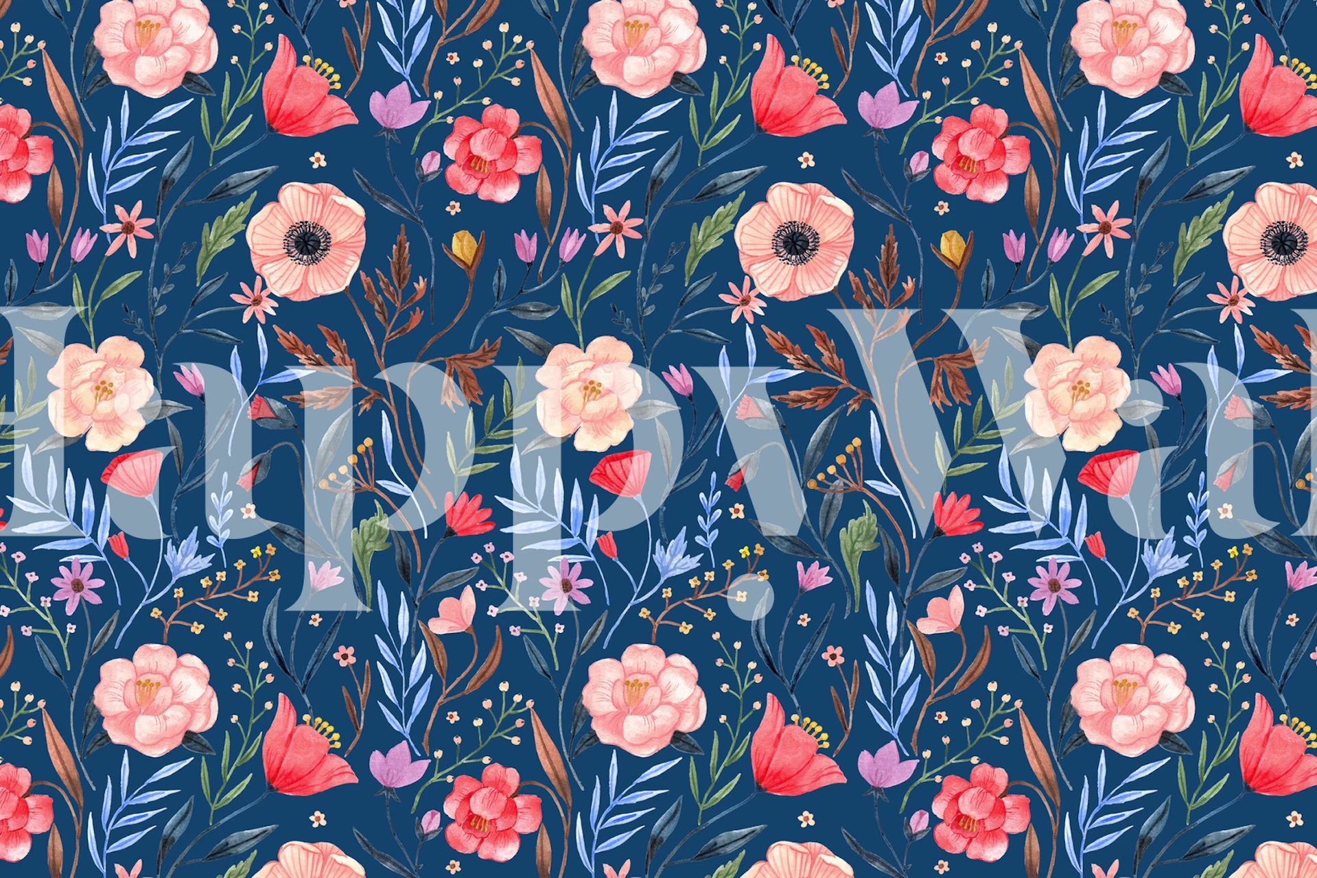 Colorful flowers and leaves in pink, purple, and green on navy background wallpaper