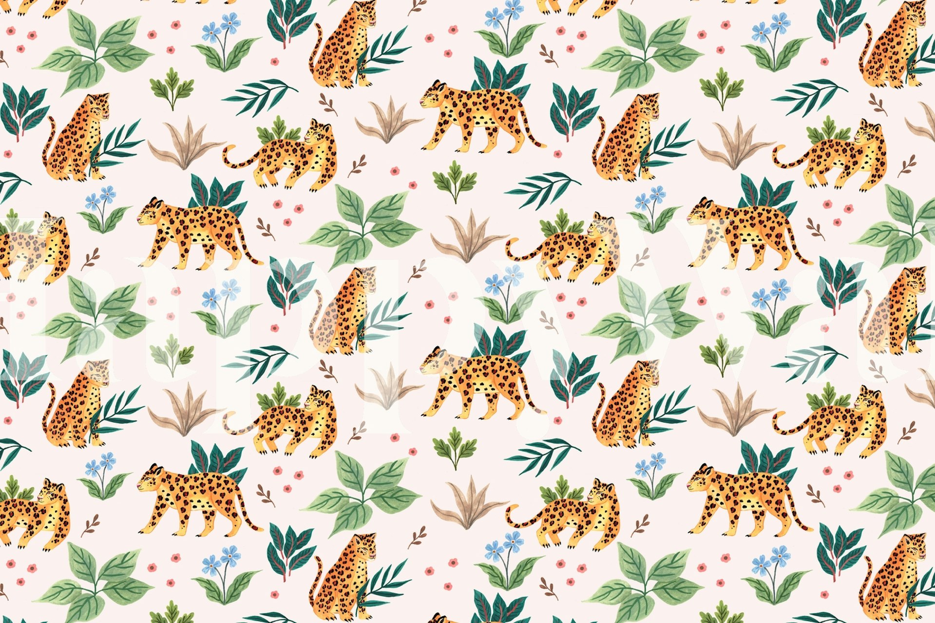 Leopards amongst tropical greenery and flowers wallpaper