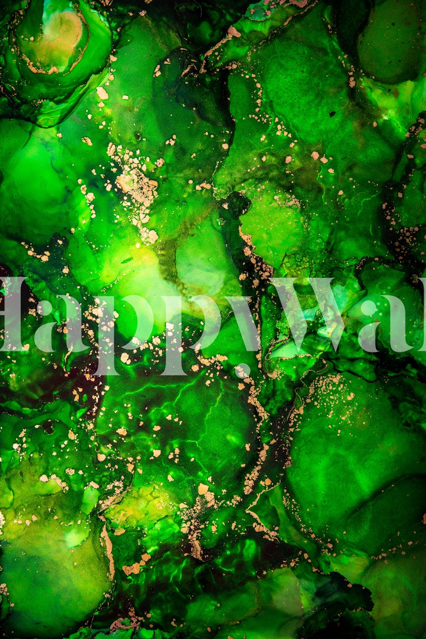Green abstract ink marble pattern wallpaper with gold accents