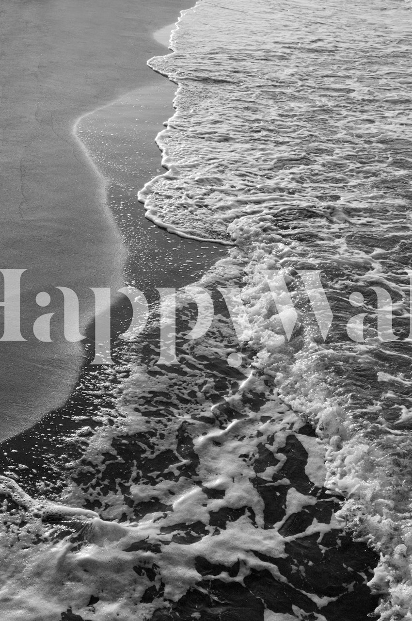 Monochrome ocean wave wall mural with pebbled beach detail
