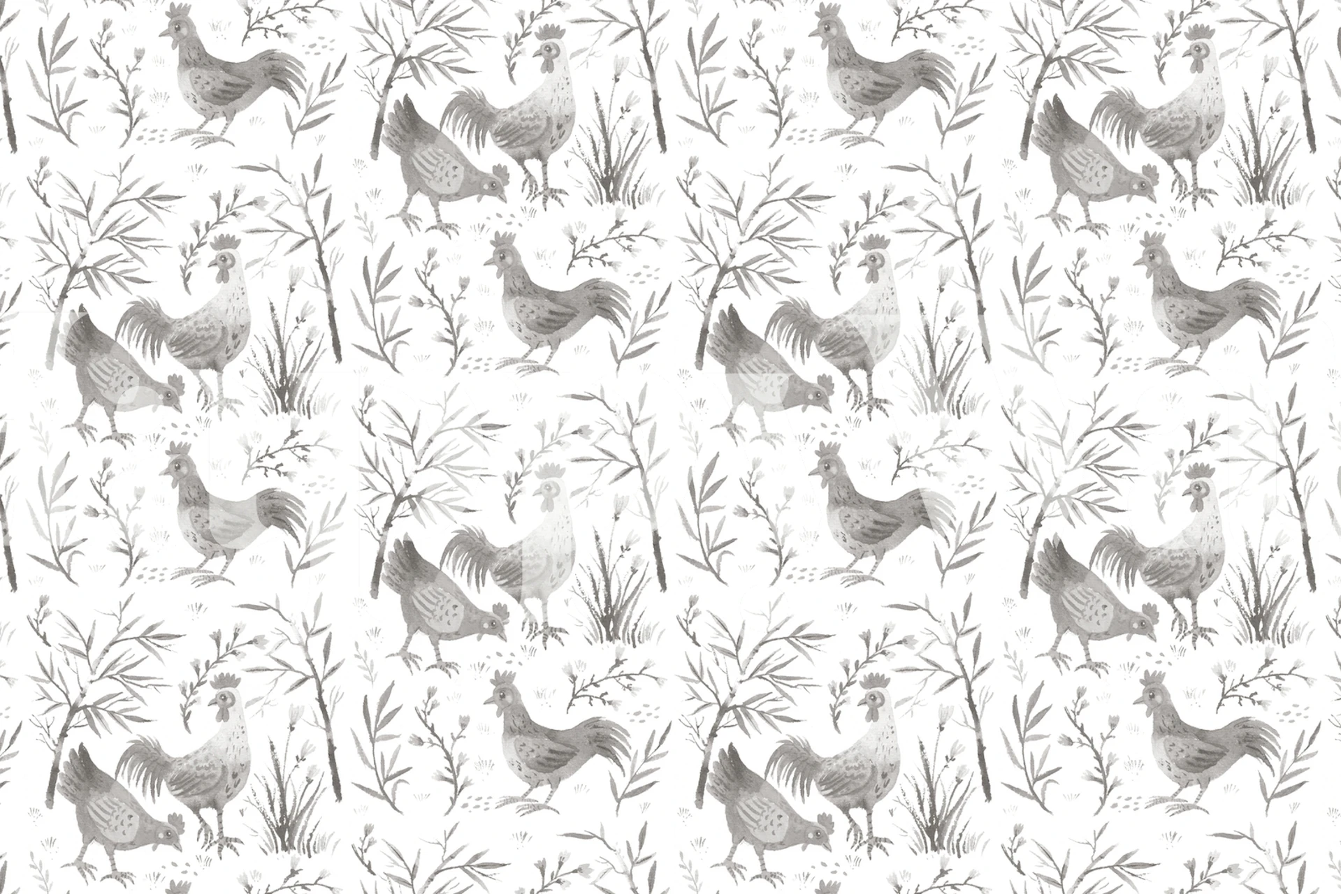Gray chickens surrounded by bamboo leaves wallpaper
