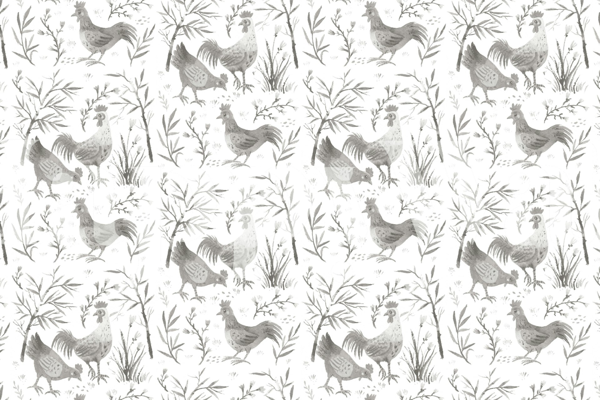 Gray chickens surrounded by bamboo leaves wallpaper