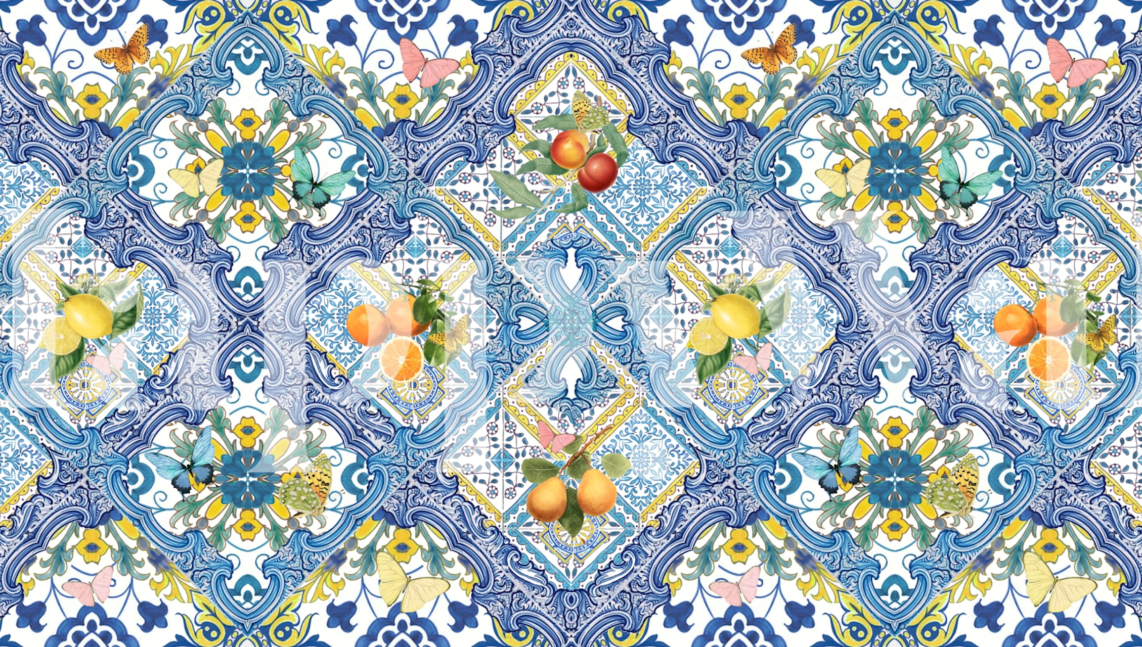 Mediterranean tiles with lemons and oranges in blue and yellow wallpaper