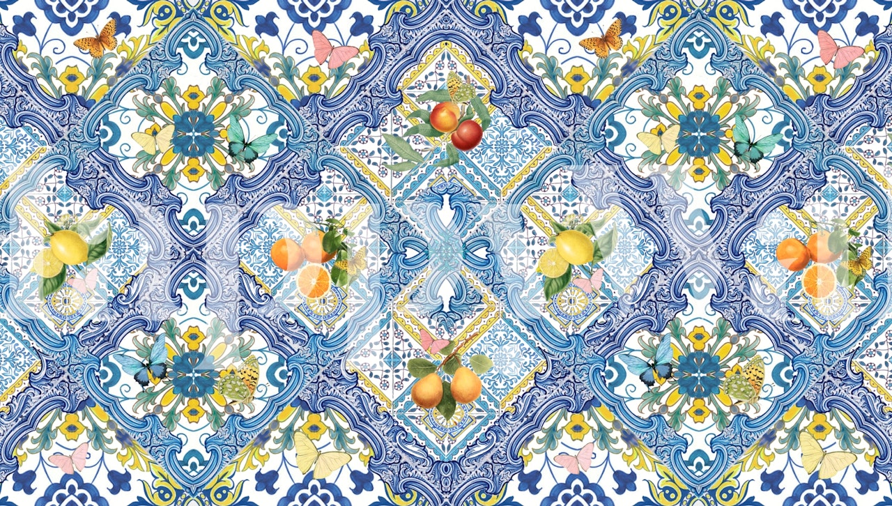 Mediterranean Tiles and Lemons Wallpaper | Happywall
