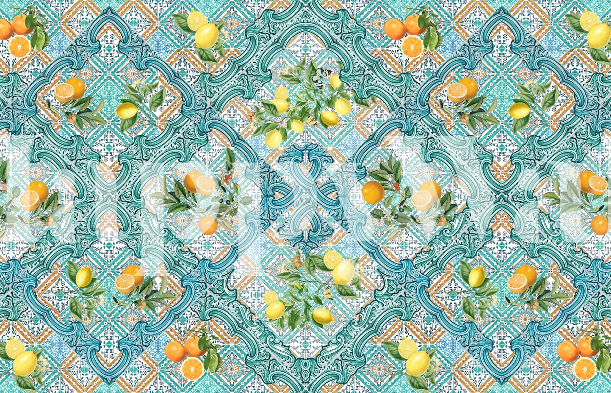 Oranges and lemons on ornate blue tiles wallpaper