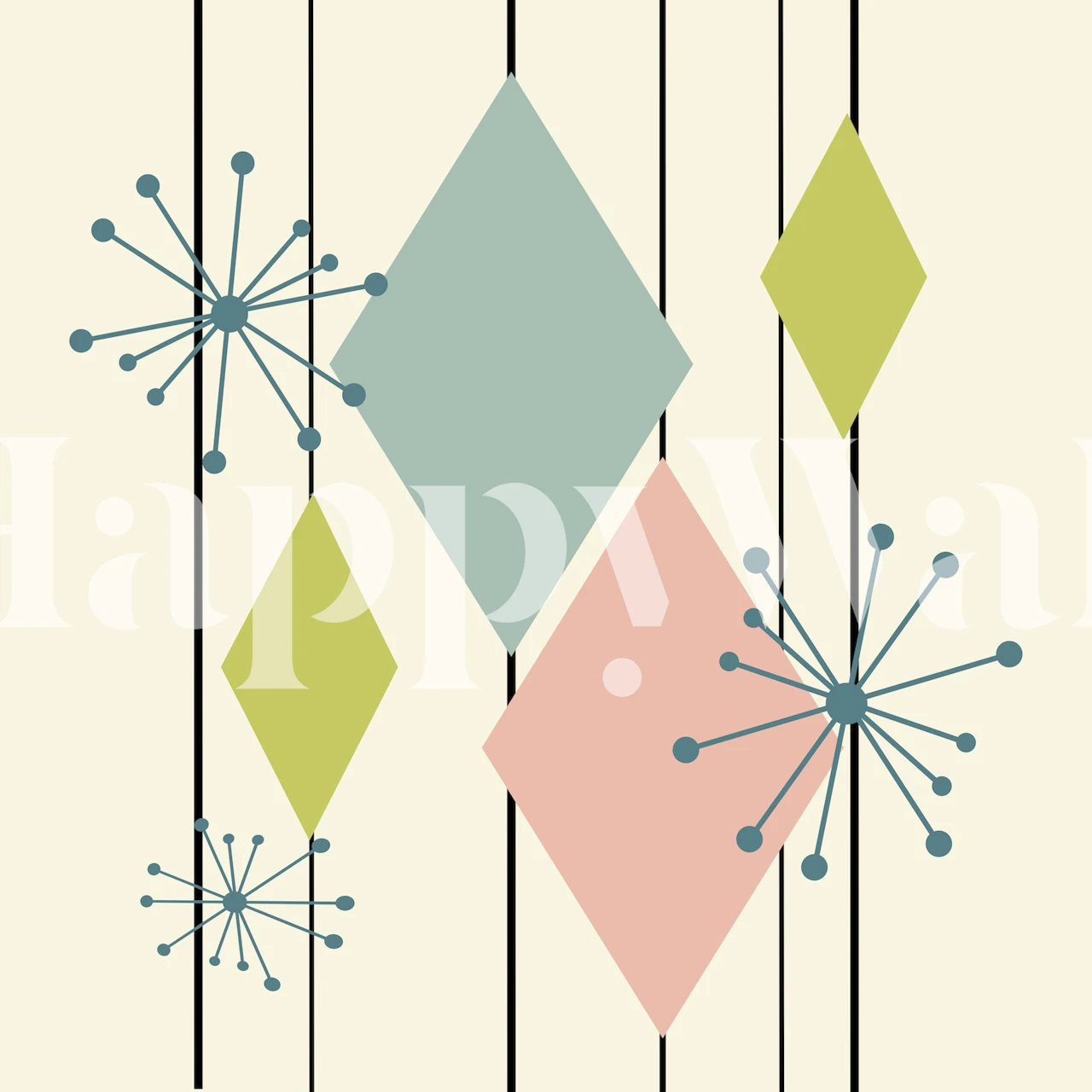 Nowoczesna fototapeta z połowy stulecia w kształcie rombu z wzorami gwiazd w pastelowych kolorach