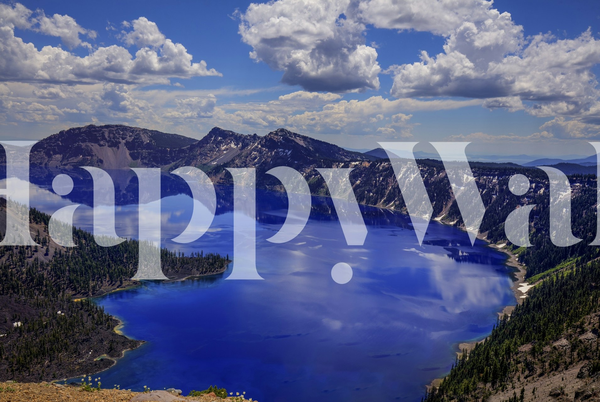 Crater Lake wall mural showing the deep blue waters and surrounding cliffs