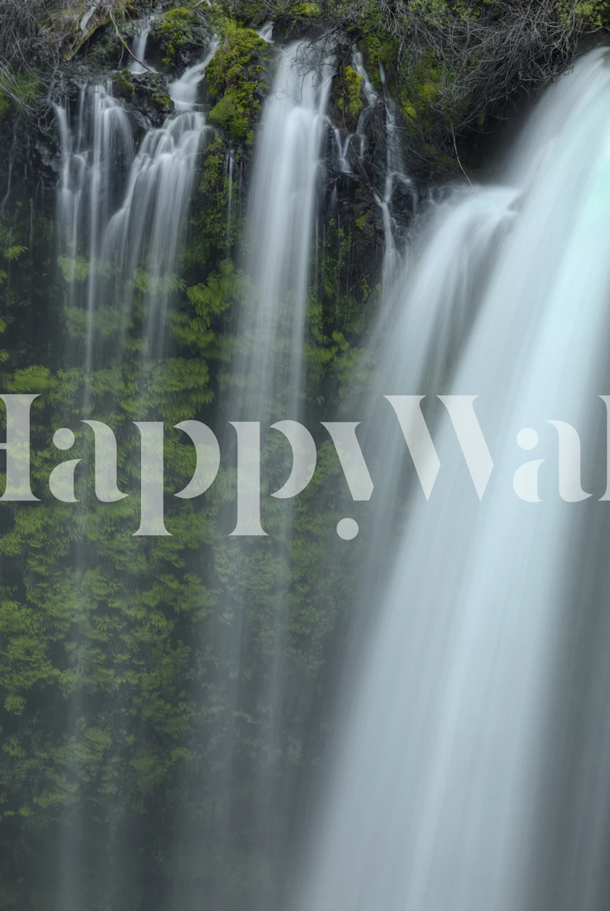 Seinämaalaus rauhallisesta vesiputouksesta ja vehreästä vehreydestä nimeltä Drapes of Grace.