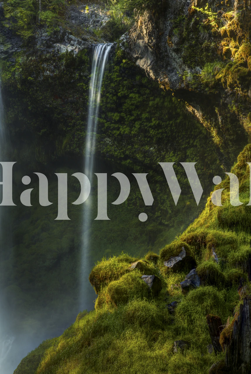 Waterfall cascading over mossy rocks with green foliage wallpaper