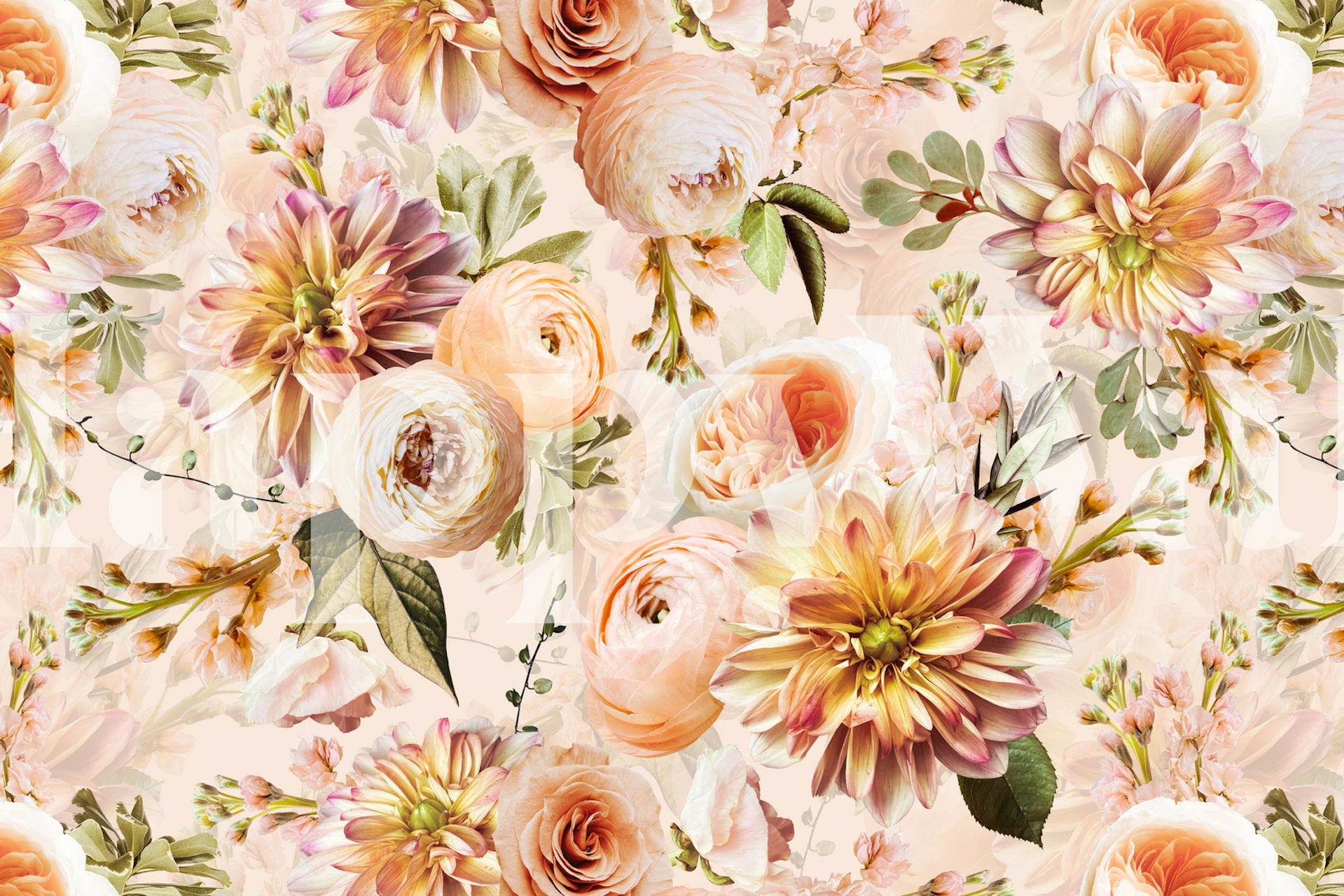 Colorful floral pattern featuring peach roses and dahlias wallpaper
