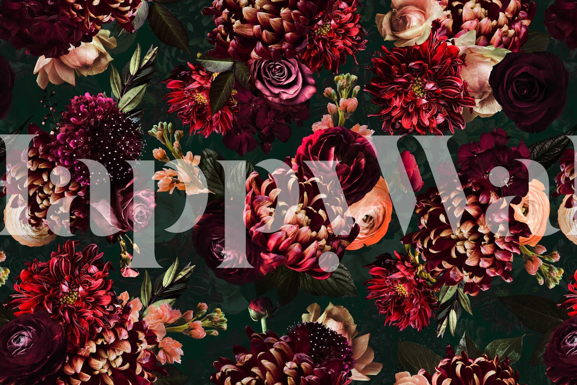 Dark floral wallpaper featuring bold red and pink flowers on a green background