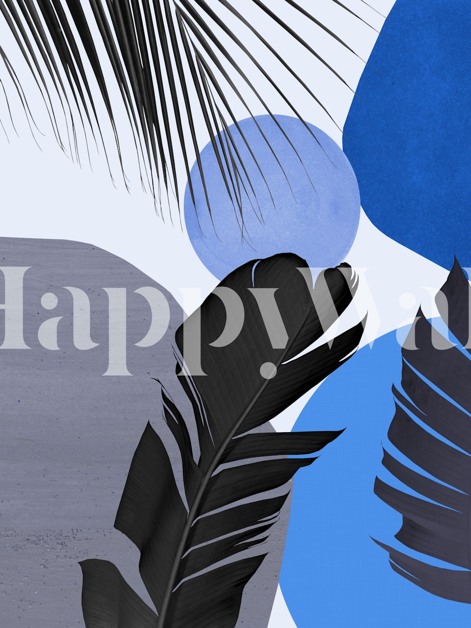 Tropical palm leaves with blue and black abstract shapes wallpaper