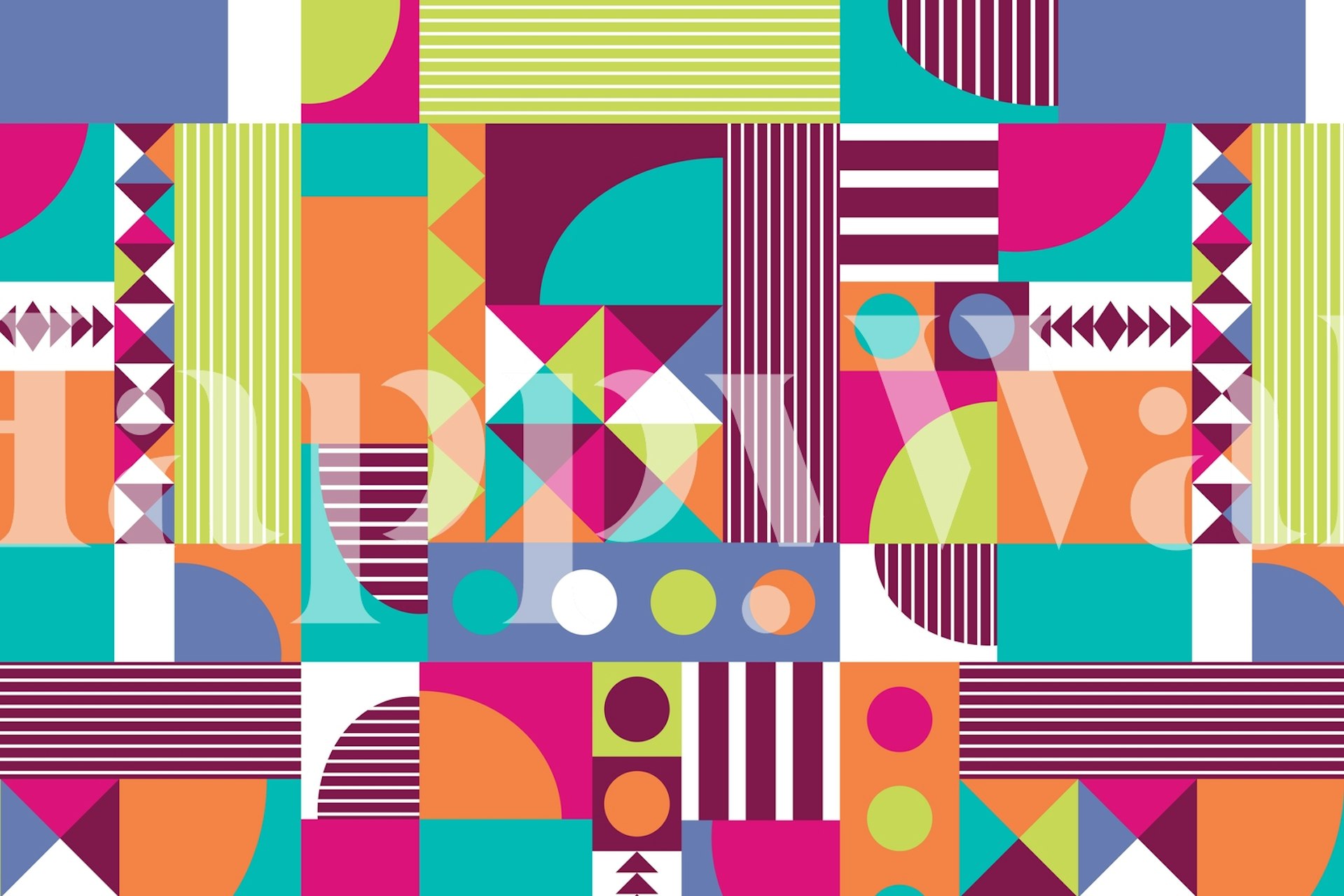 Χρωματιστό τοιχογραφία παιδικού δωματίου με γεωμετρικά μοτίβα σε aqua, πορτοκαλί και ματζέντα