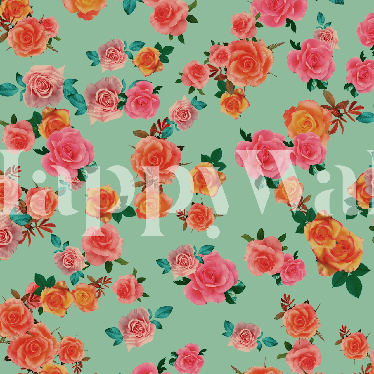 Pink and orange vintage roses on teal background wallpaper