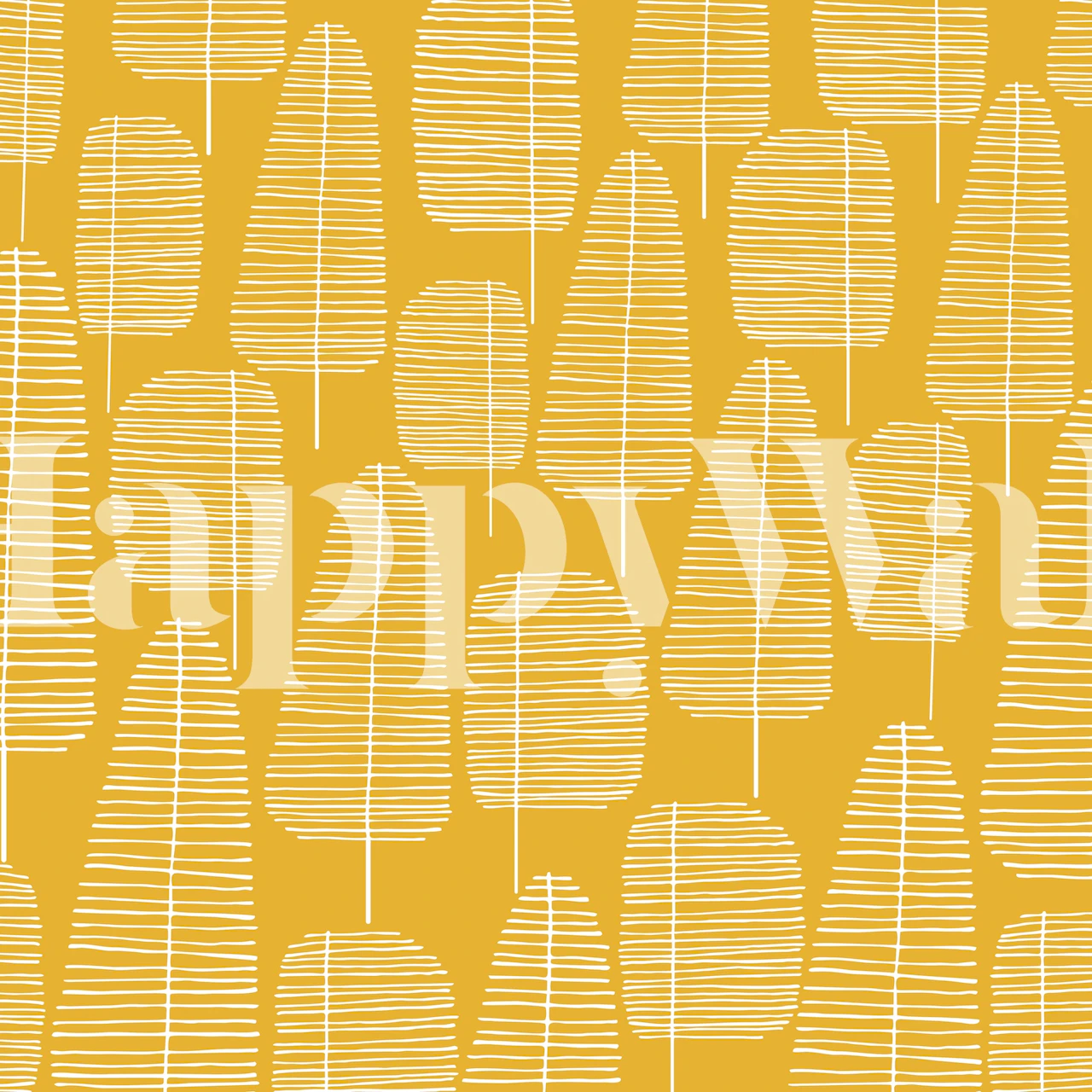 Gelbe Tapete mit geometrischen Baummustern in Weiß, Mid Century Design