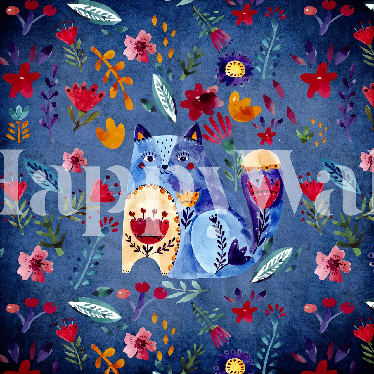 Doodle Cat and Flowers wall mural with hand-drawn cats and colorful floral patterns on a blue background.